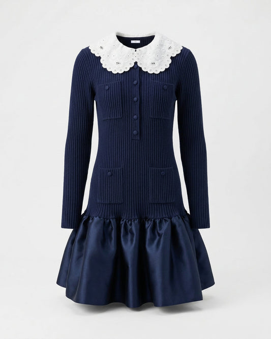 Candie Embroidered Lapel Knit Dress with Ruffled Skirt – Dark Blue