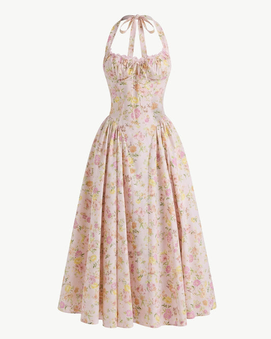 Santorini Halter Neck Contoured Stretch Dress – Pink Print