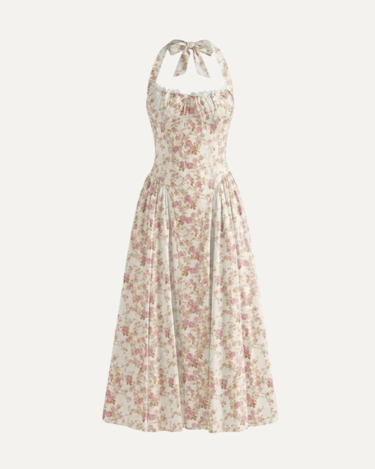 Santorini Halter Neck Contoured Stretch Dress – Small Red Flowers on White – Small Red Flowers on White Background – view 1