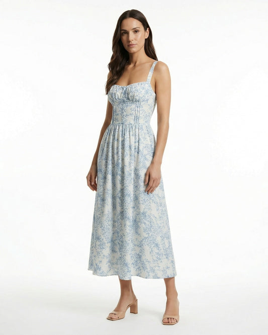 Garden Dream Smocked Square Neck Tiered Linen Blend Dress – Sky Blue – view 2
