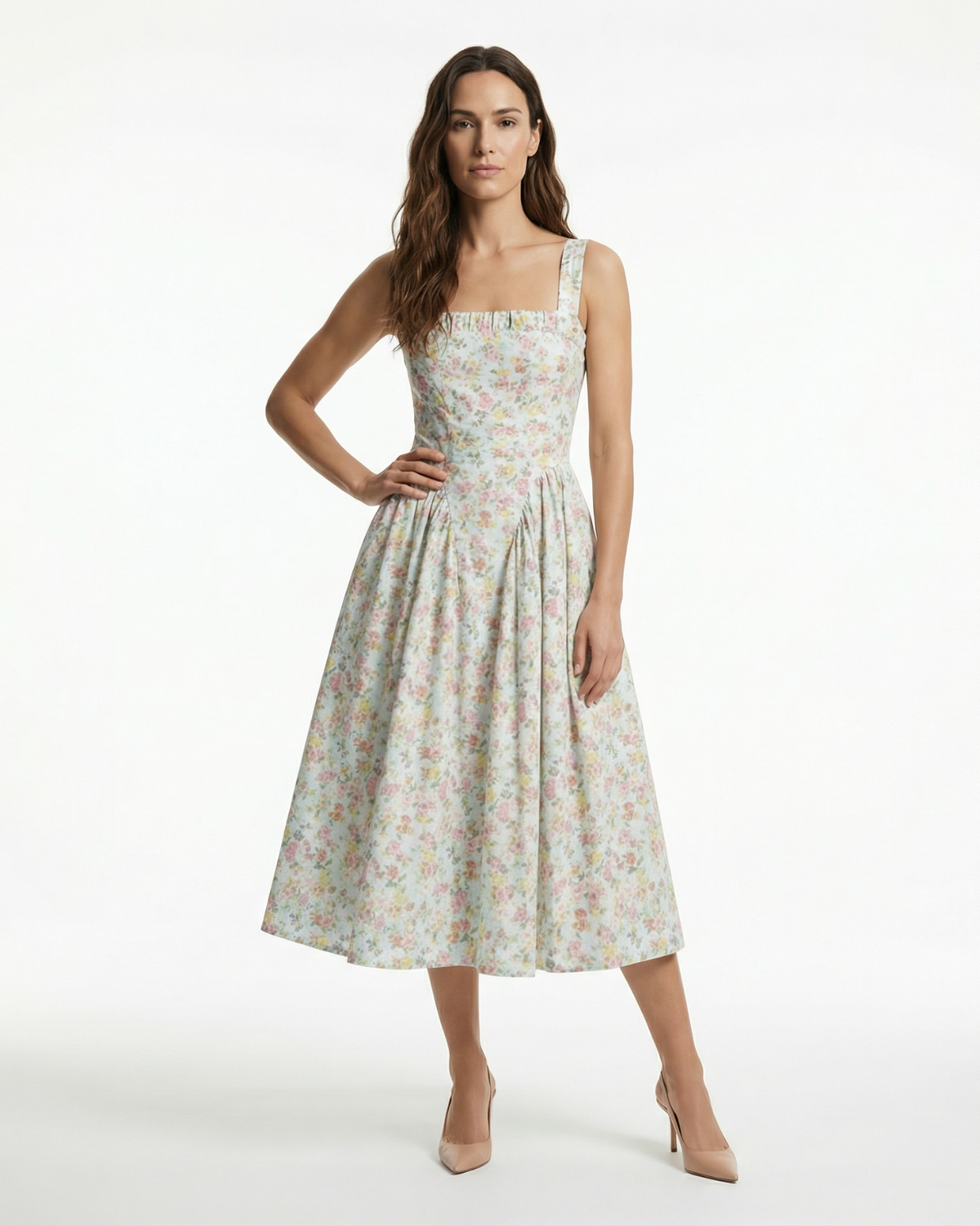 Square Neck Puff Sleeve Midi Dress with Alpine Floral Print