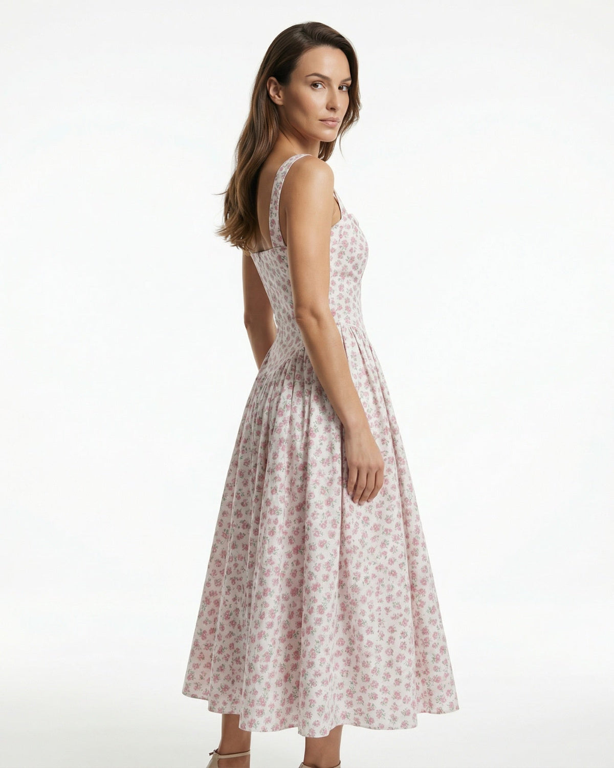 Square Neck Puff Sleeve Midi Dress with Alpine Floral Print