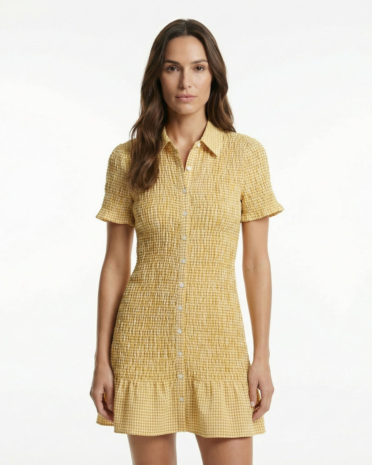 Napoli Pleated Plaid Short Sleeve A-Line Dress – Yellow – view 2