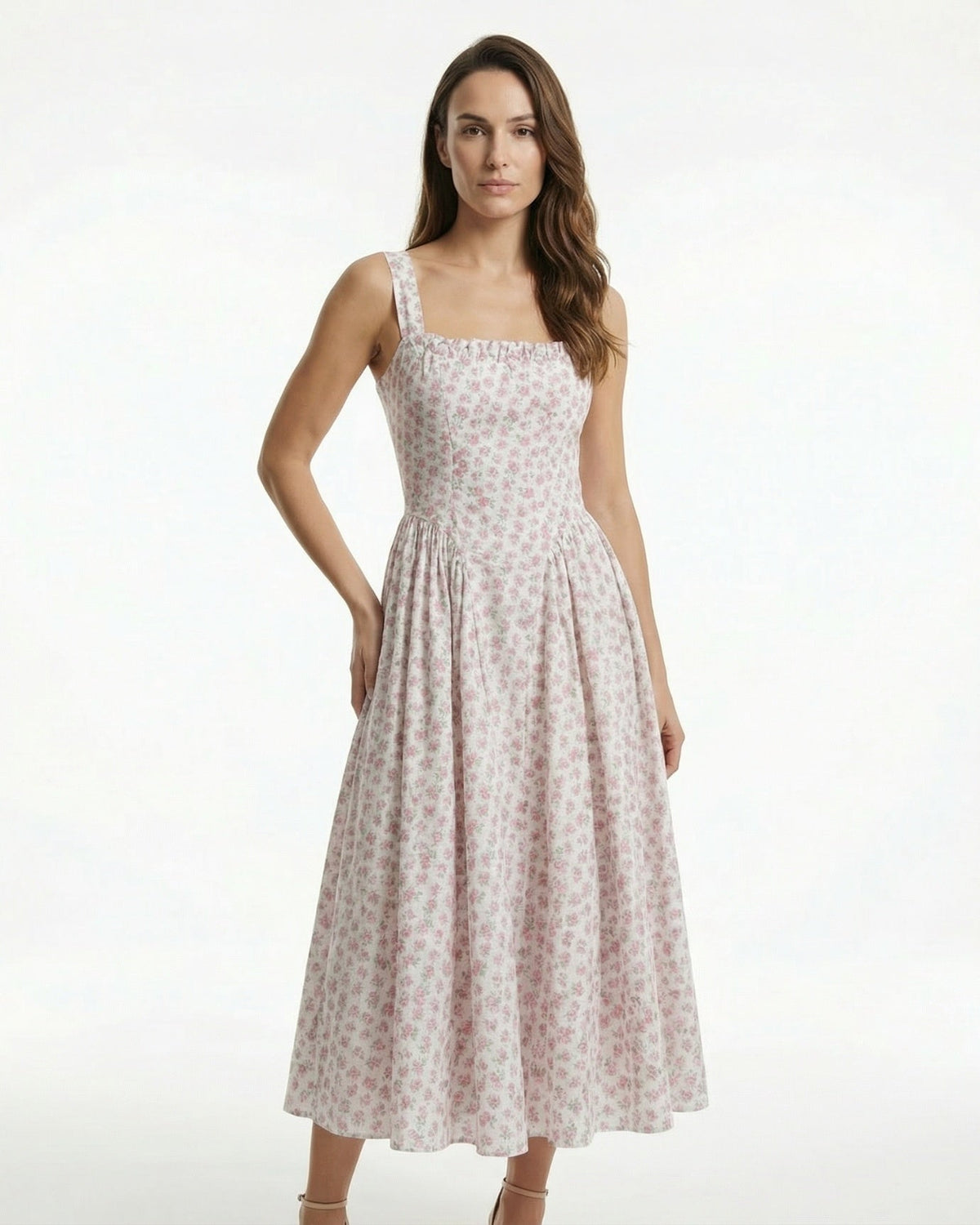 Square Neck Puff Sleeve Midi Dress with Alpine Floral Print