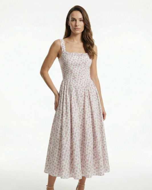 Square Neck Puff Sleeve Midi Dress with Alpine Floral Print