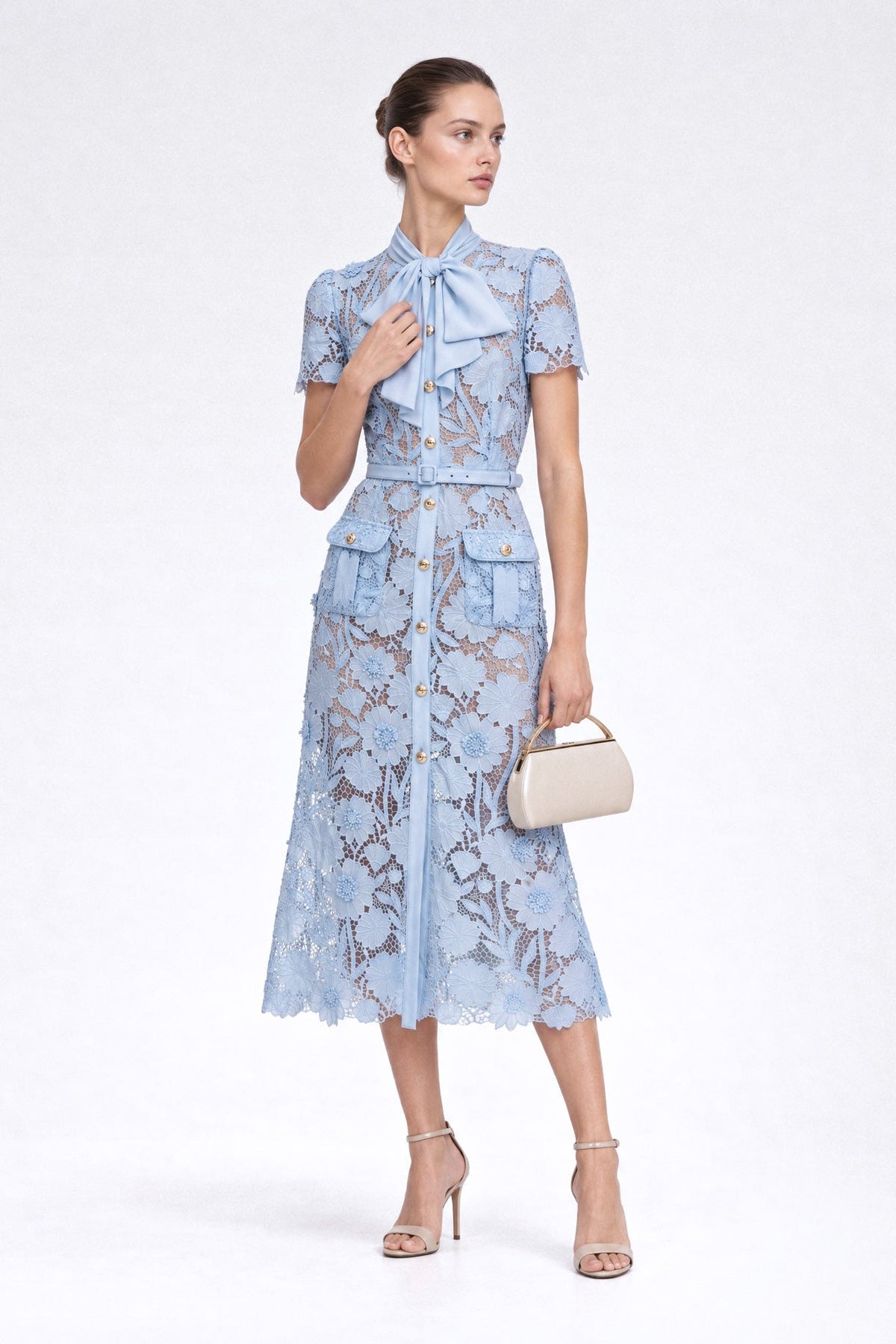 Guipure Lace Tie-Neck Bow Puff Sleeve Midi Shirt Dress – Powder Blue – view 1