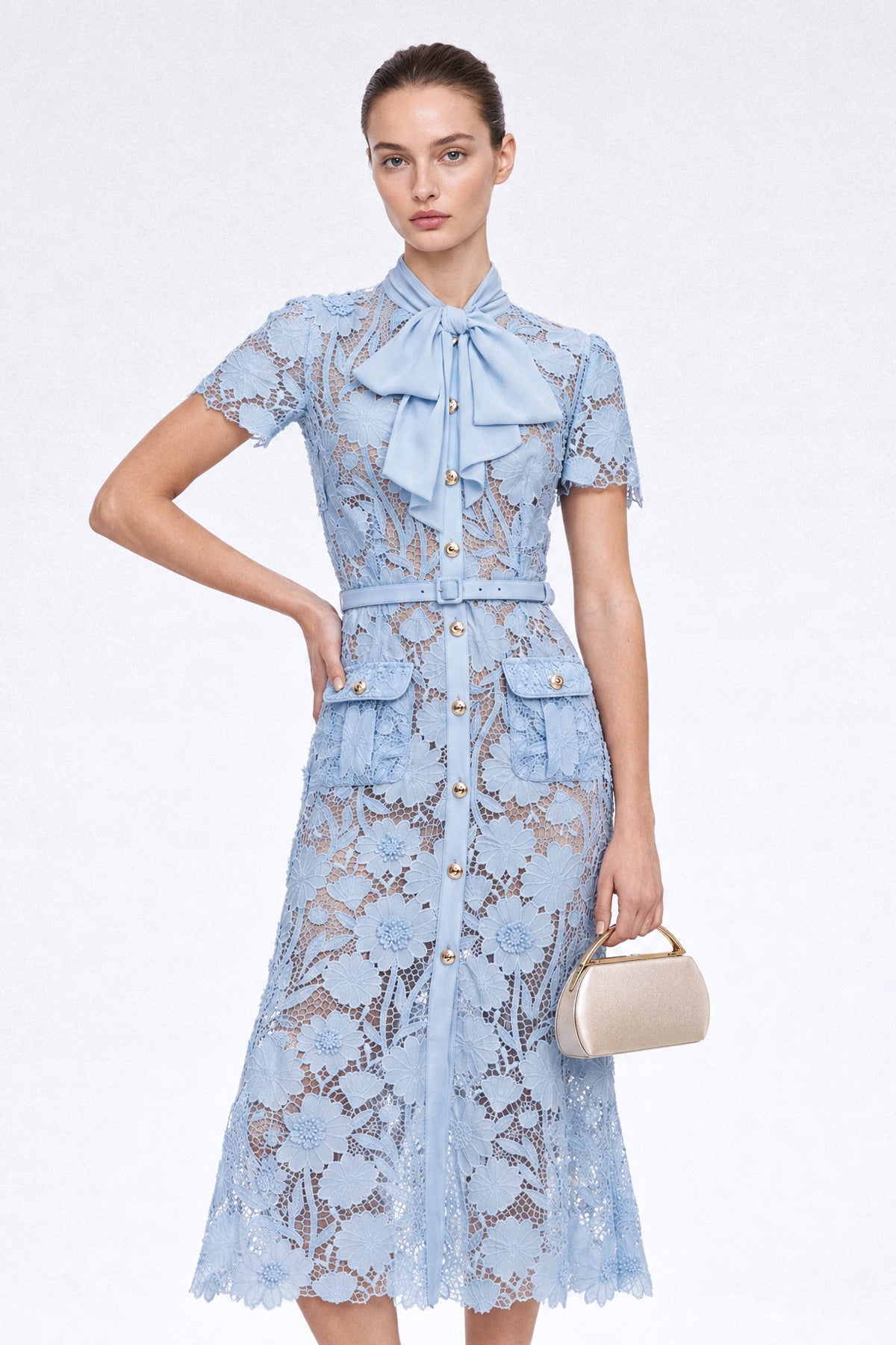 Guipure Lace Tie-Neck Bow Puff Sleeve Midi Shirt Dress – Powder Blue – view 2