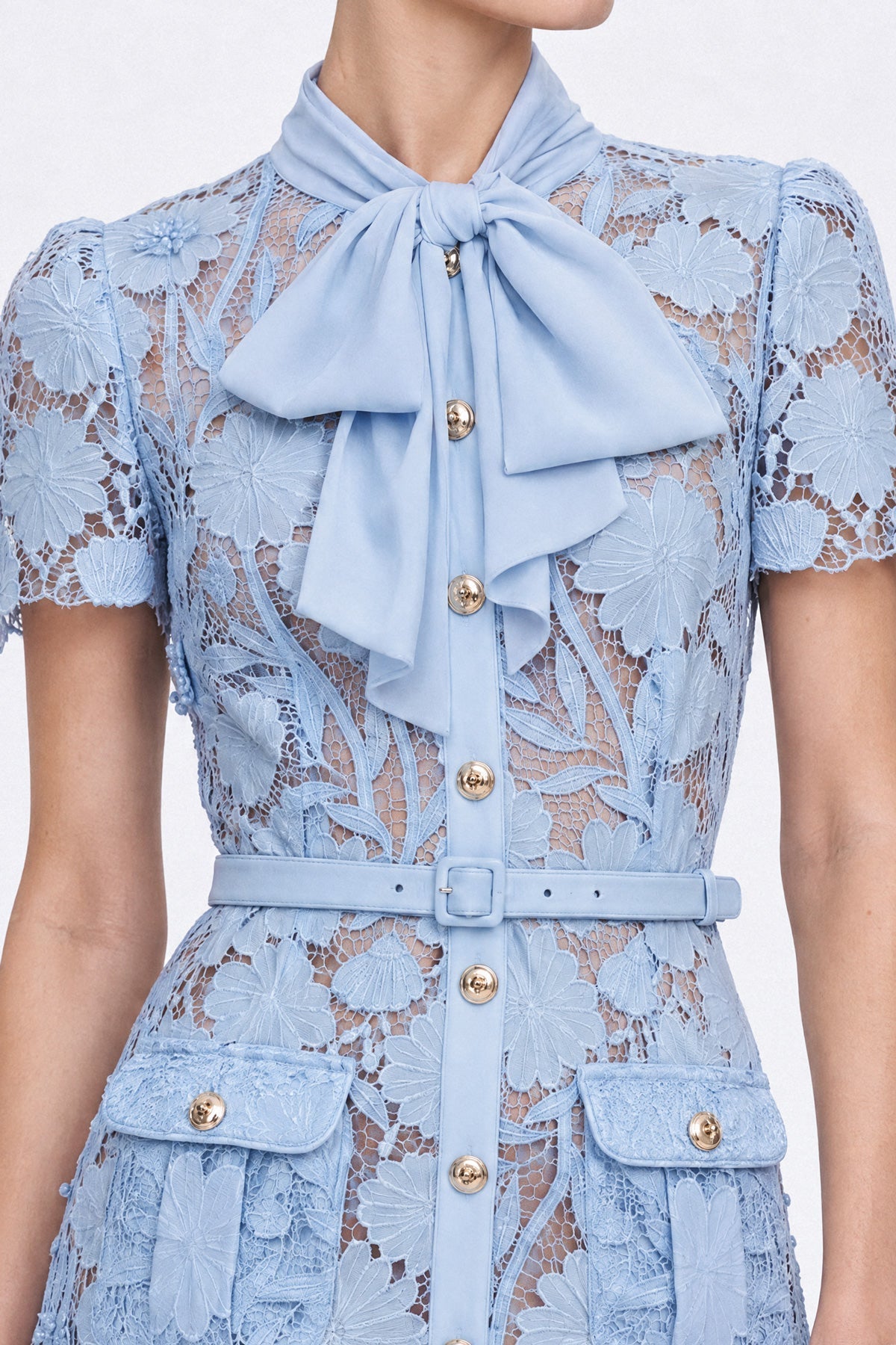 Guipure Lace Tie-Neck Bow Puff Sleeve Midi Shirt Dress – Powder Blue – view 5