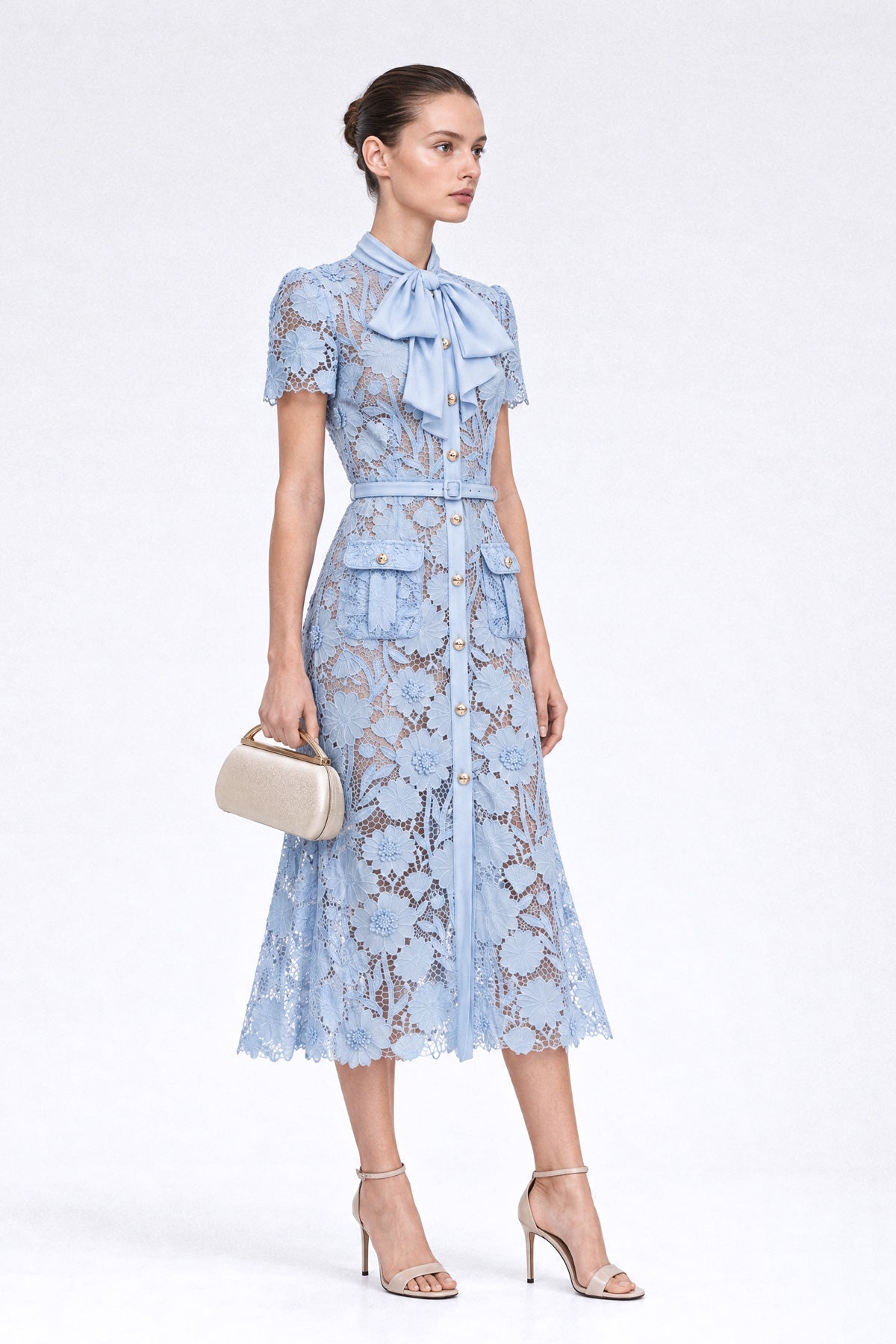 Guipure Lace Tie-Neck Bow Puff Sleeve Midi Shirt Dress – Powder Blue – view 3