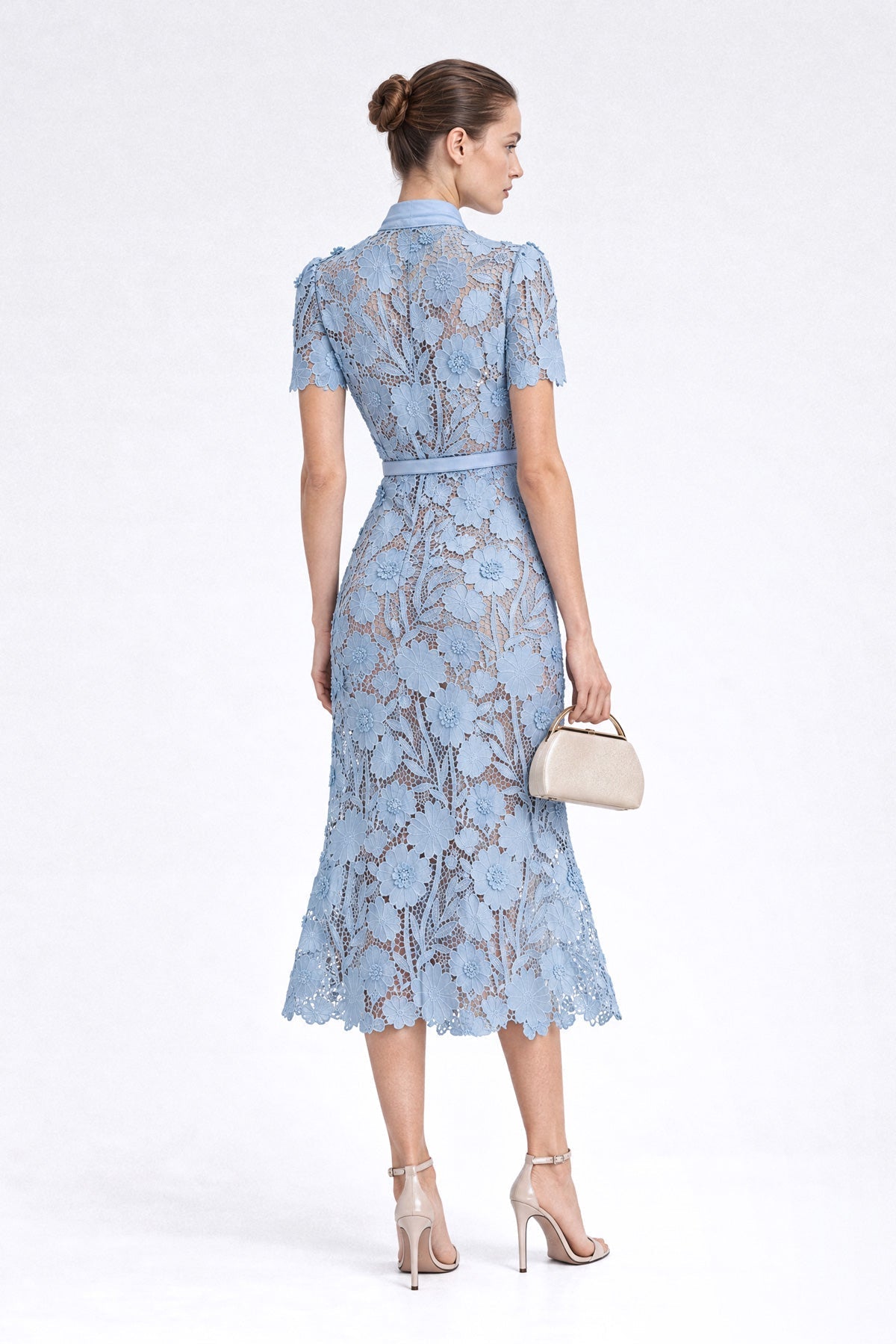 Guipure Lace Tie-Neck Bow Puff Sleeve Midi Shirt Dress – Powder Blue – view 4