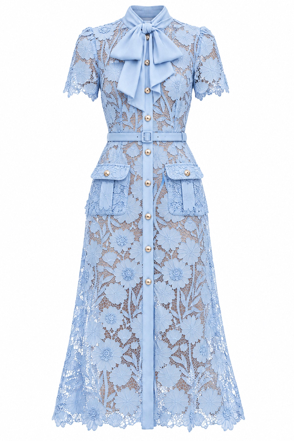 Guipure Lace Tie-Neck Bow Puff Sleeve Midi Shirt Dress – Powder Blue – view 6