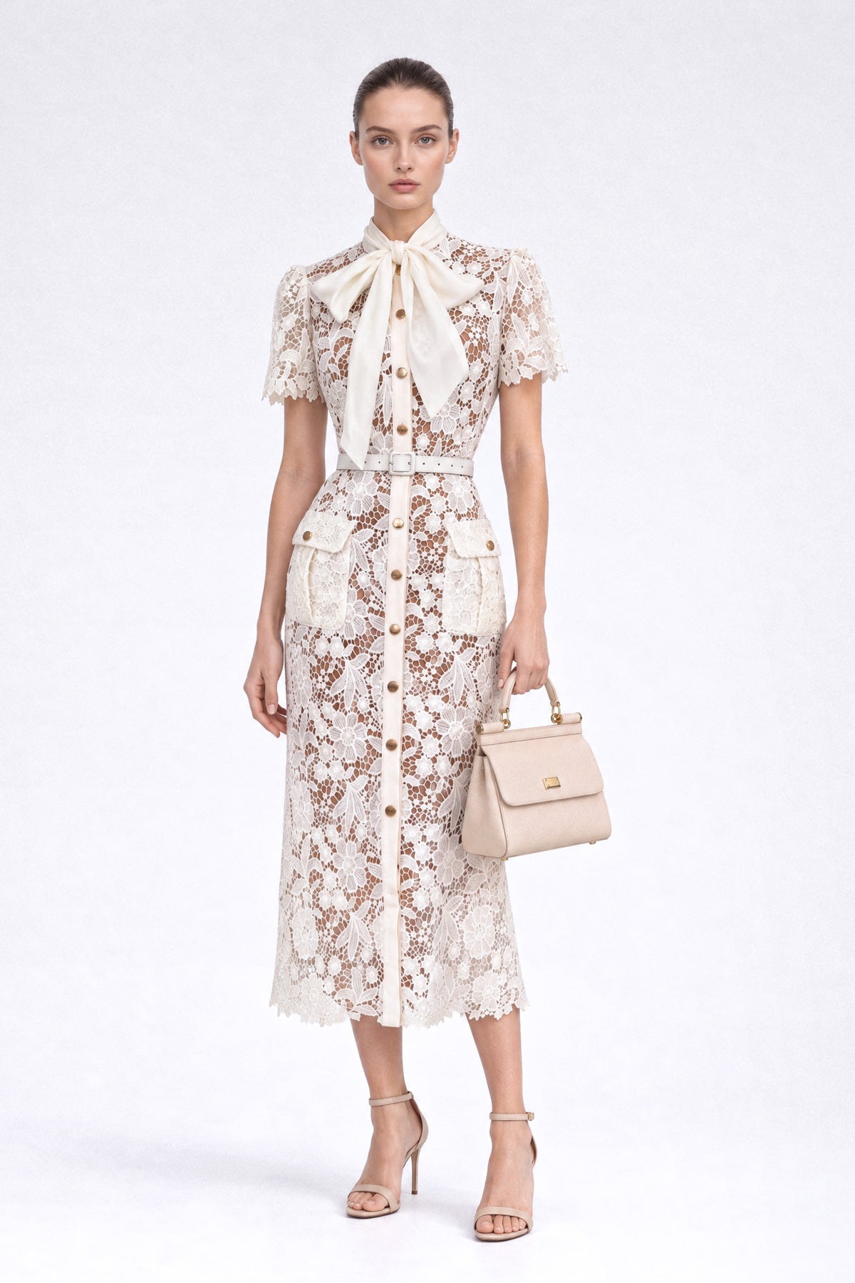 Guipure Lace Tie-Neck Bow Midi Shirt Dress with Belt – Ivory