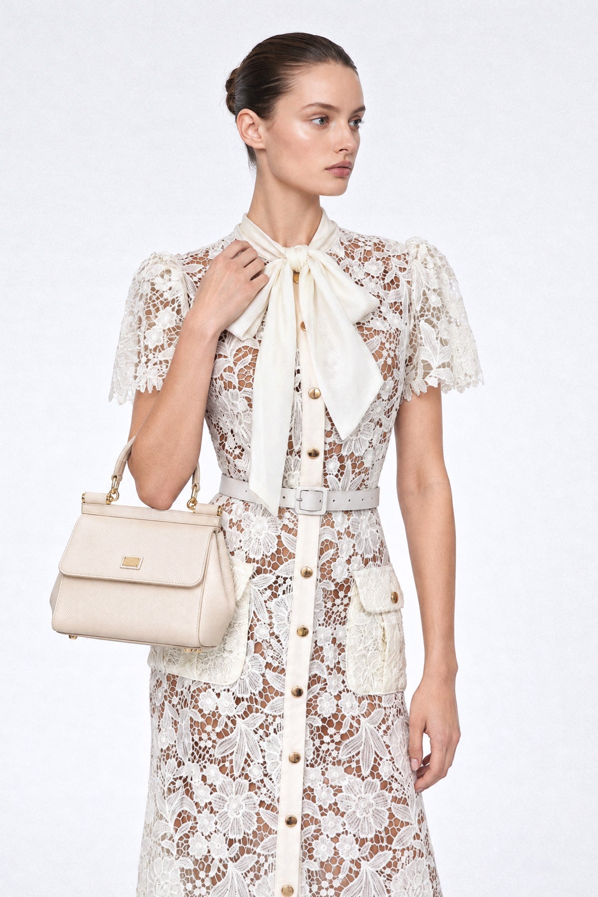 Guipure Lace Tie-Neck Bow Midi Shirt Dress with Belt – Ivory – view 3