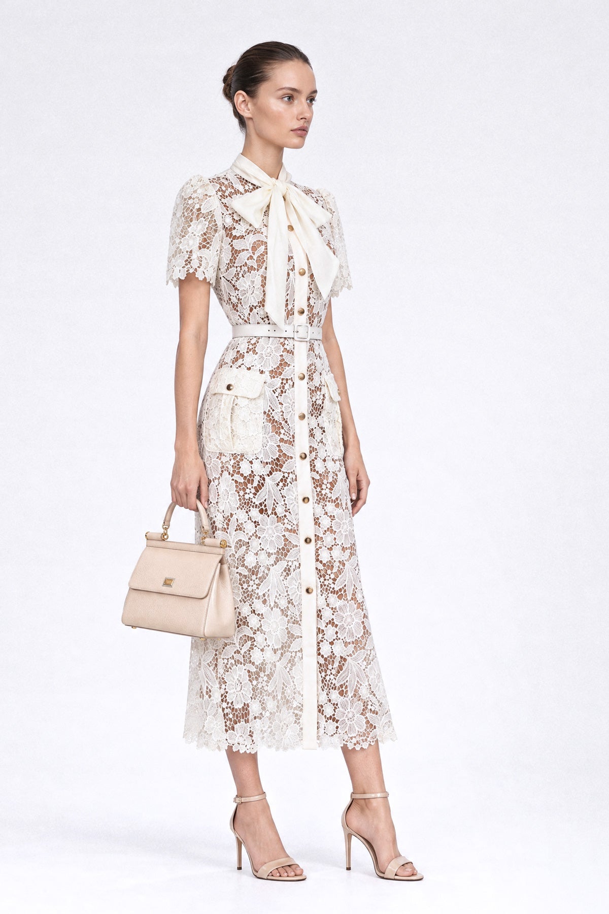 Guipure Lace Tie-Neck Bow Midi Shirt Dress with Belt – Ivory – view 4