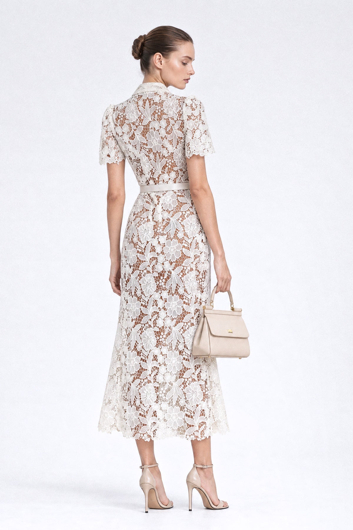 Guipure Lace Tie-Neck Bow Midi Shirt Dress with Belt – Ivory – view 5