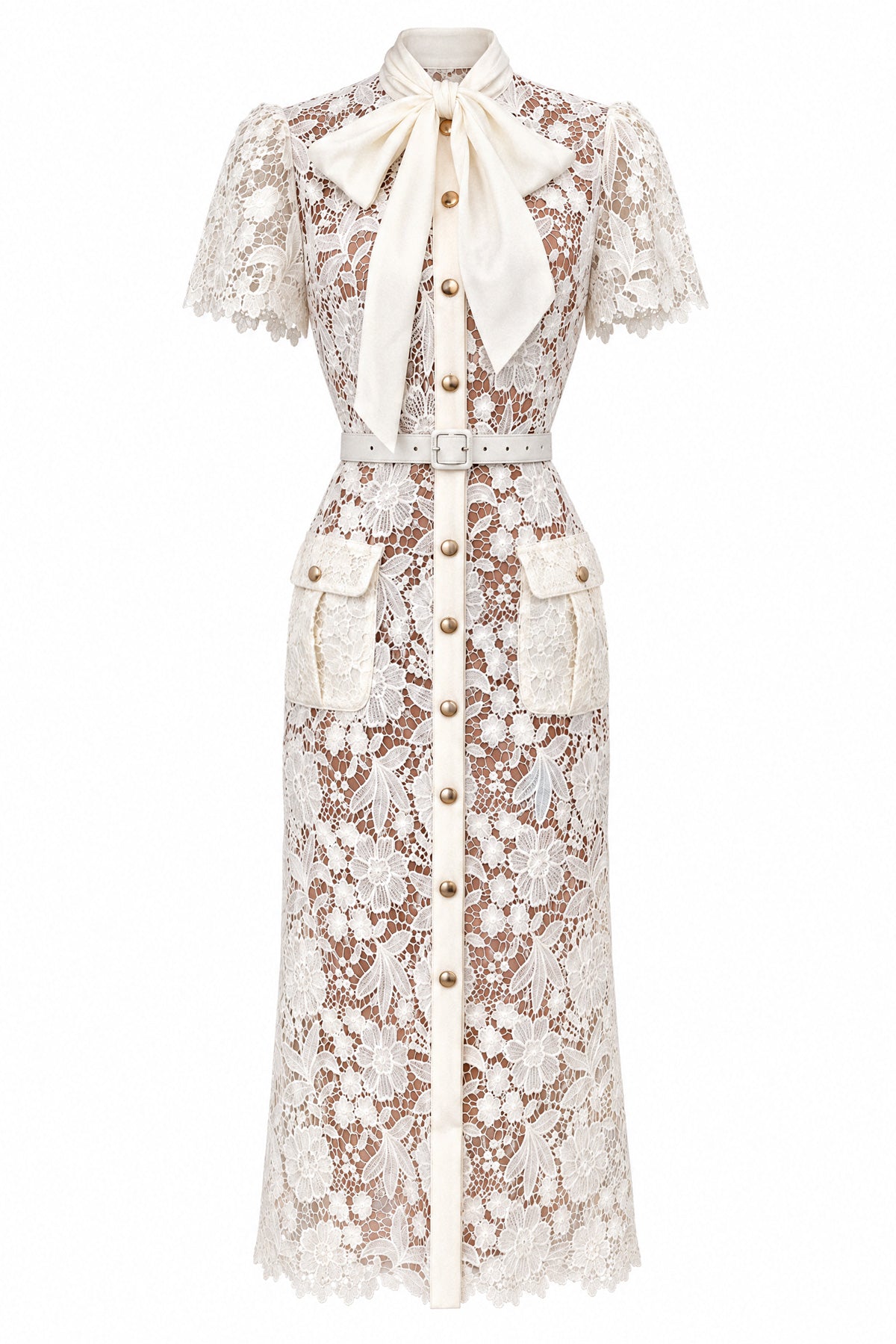 Guipure Lace Tie-Neck Bow Midi Shirt Dress with Belt – Ivory – view 2