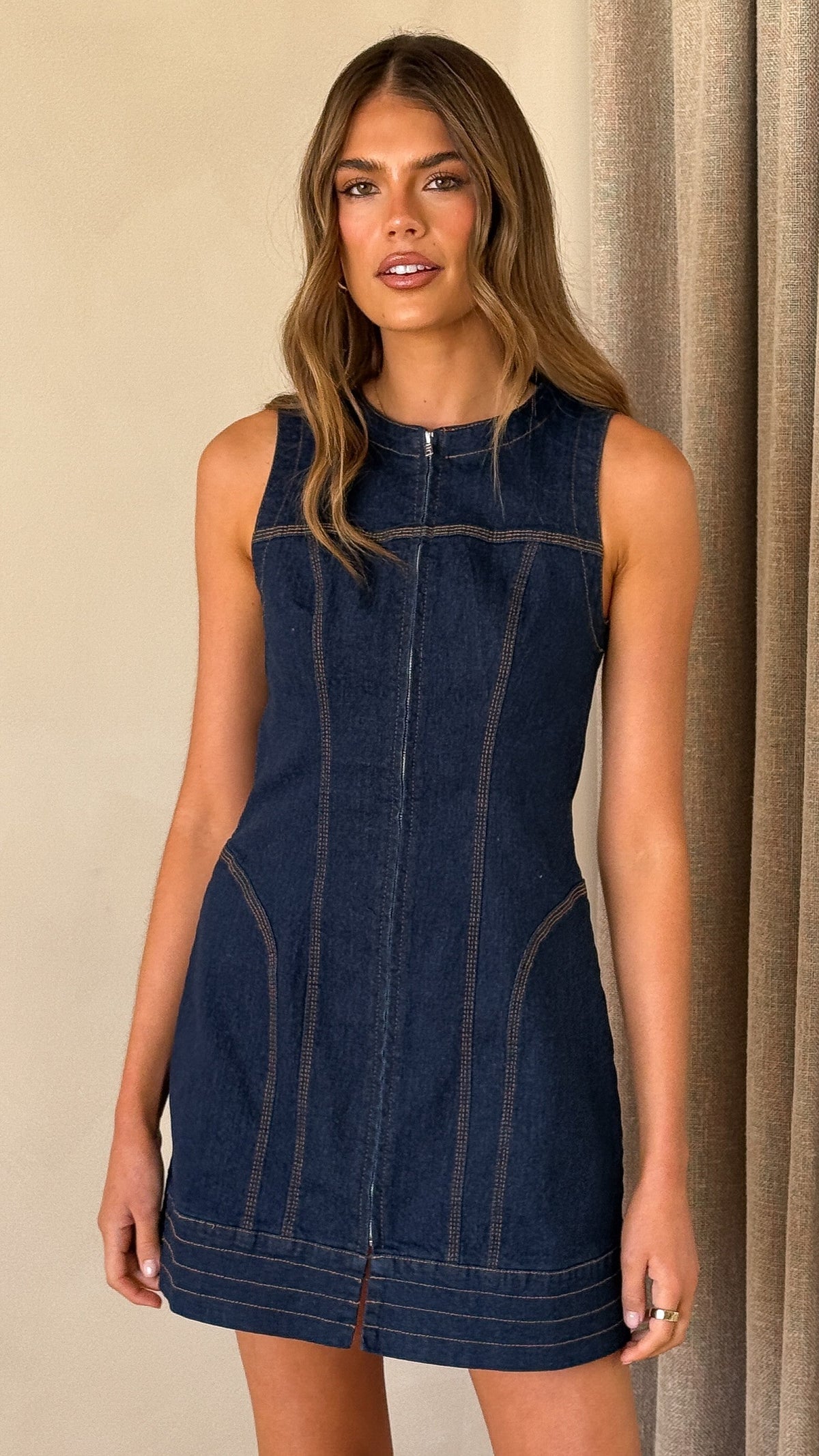 Sharni Sleeveless Crew Neck A-Line Mini Dress with Front Zip – Dark Denim – view 7