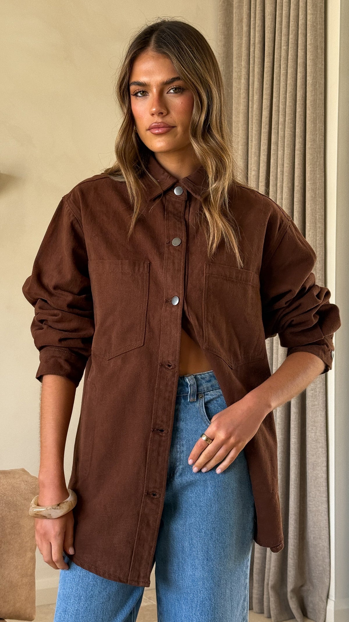 Dixon Oversized Longline Jacket with Hidden Side Pockets – Chocolate – view 6