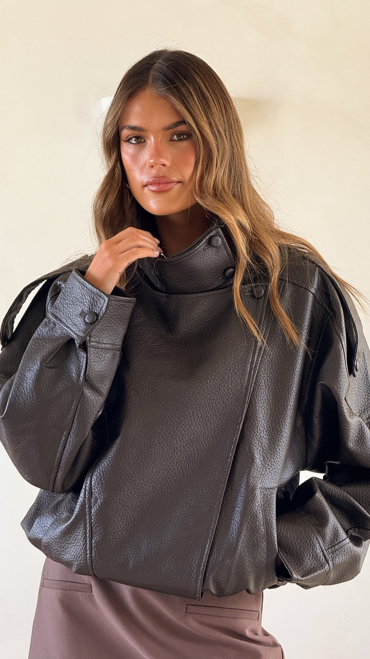 Asher Boxy Faux Leather Bomber Jacket with High Neck – Chocolate