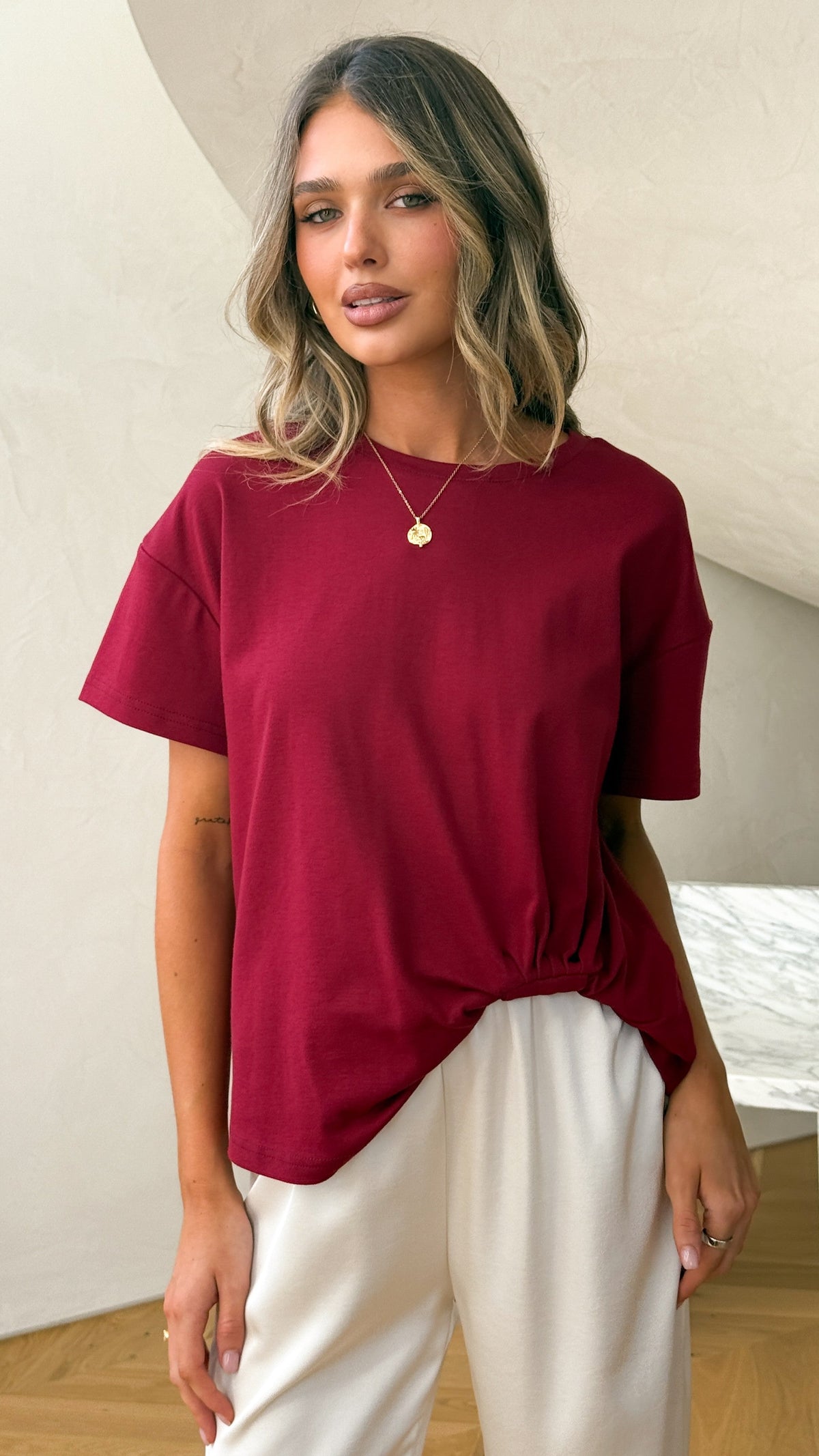 Aria Boxy Crew Neck Tee with Pleated Front Gathering – Wine – view 7