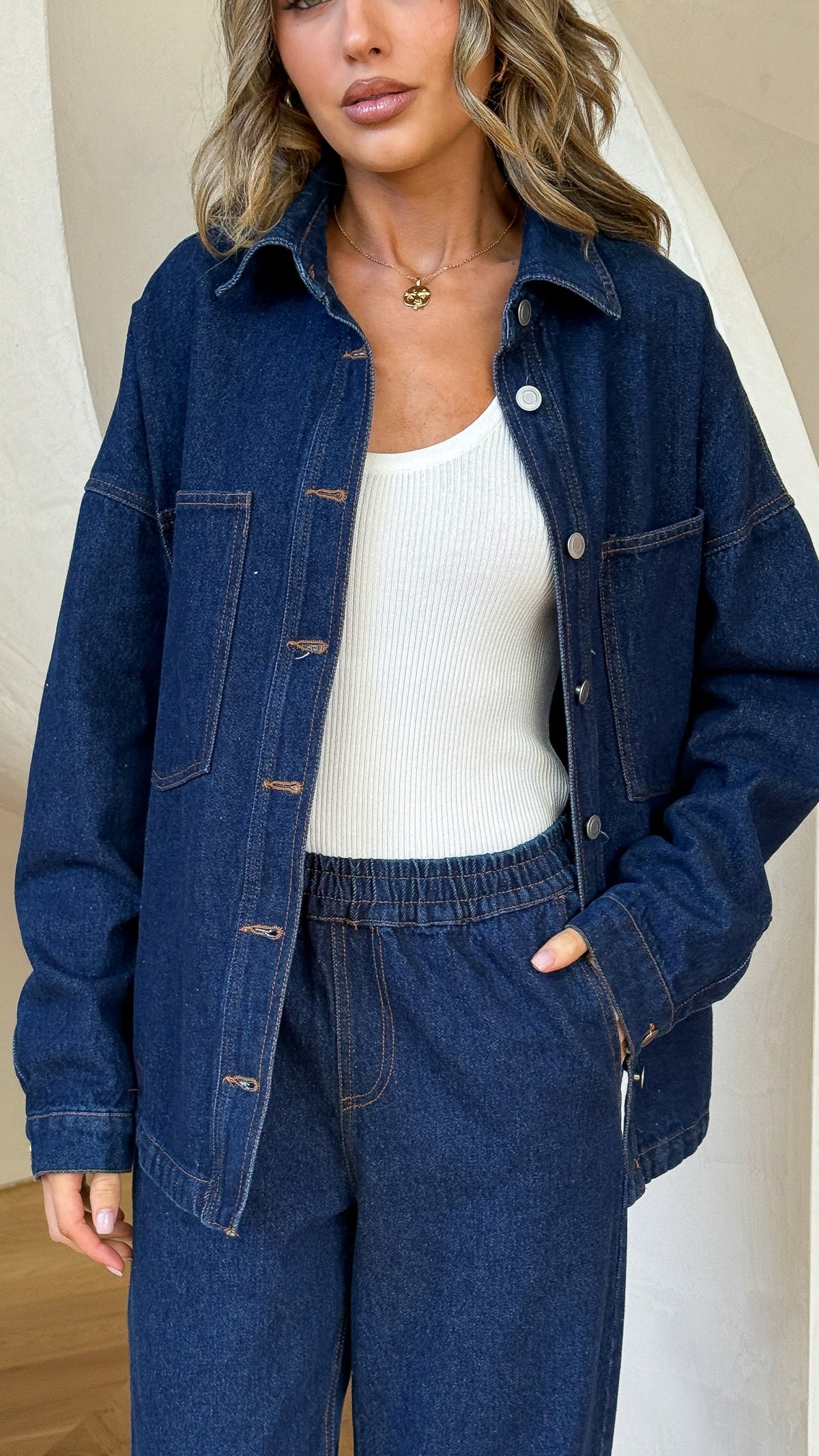Zina Press Stud Collared Denim Jacket – Dark Blue – view 5