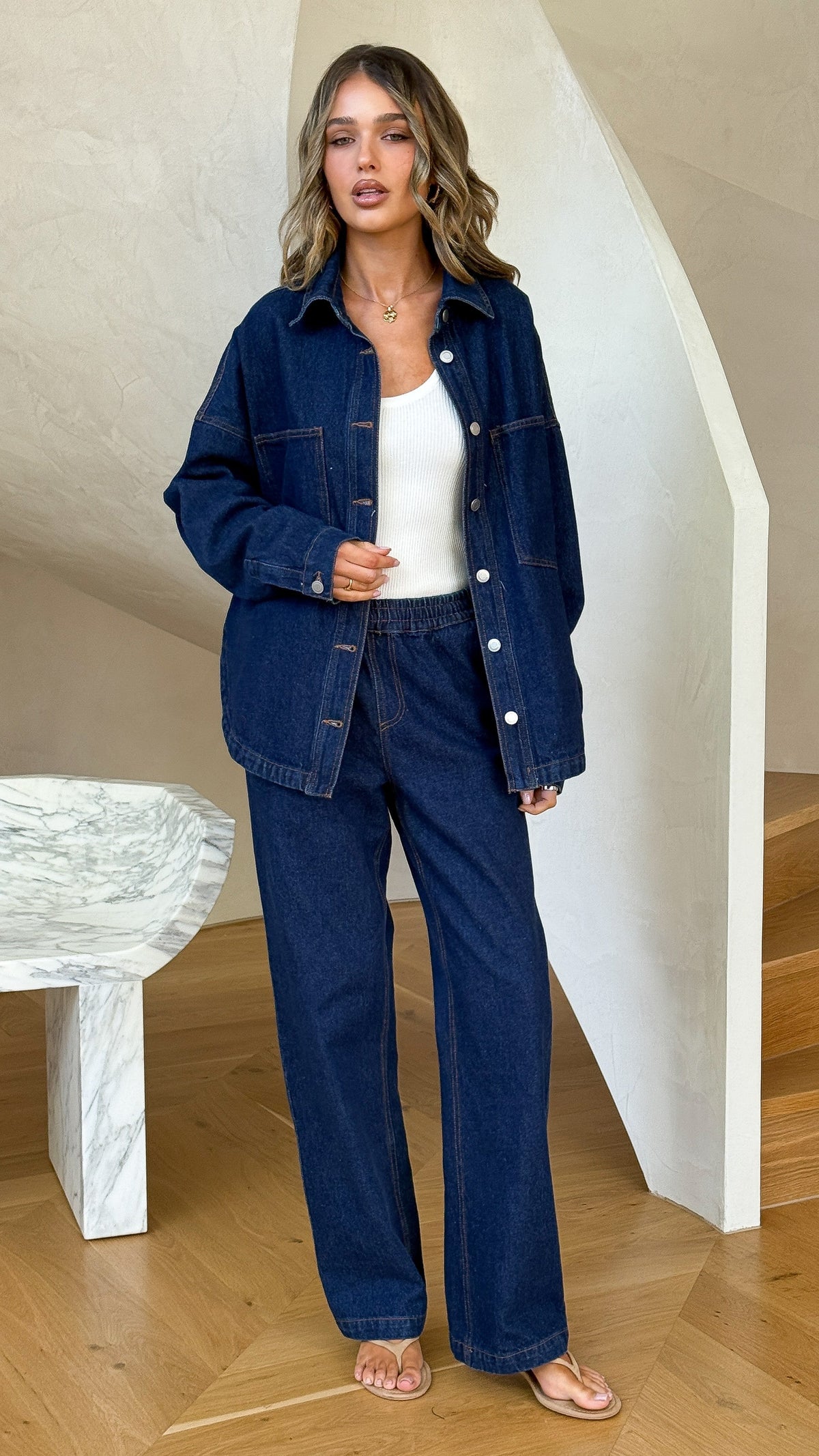 Zina Elasticated Waist Wide Leg Rigid Denim Trousers – Dark Blue – view 7