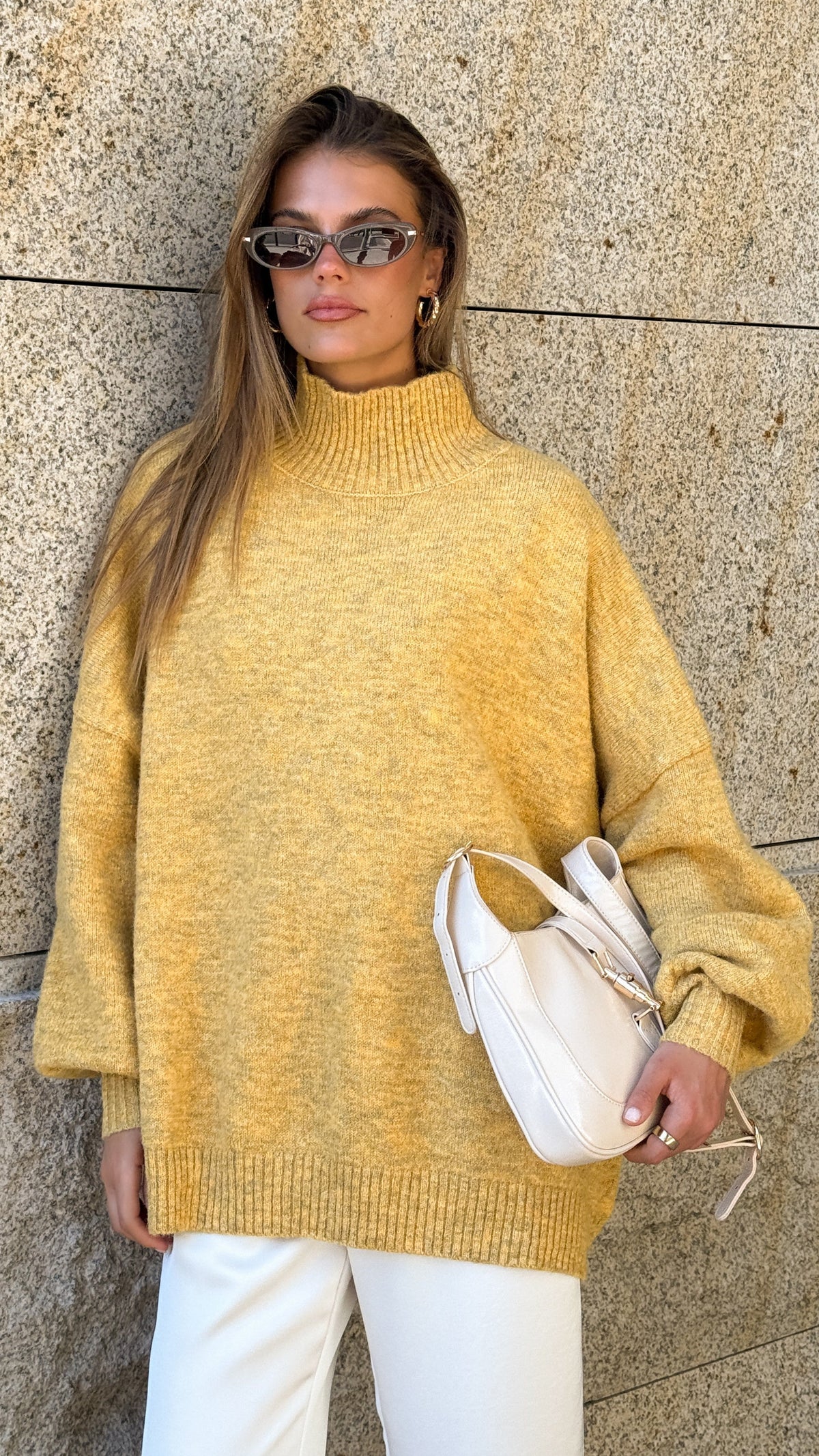 Harita Turtleneck Bell Sleeve Boxy Knit Jumper – Mustard – view 14
