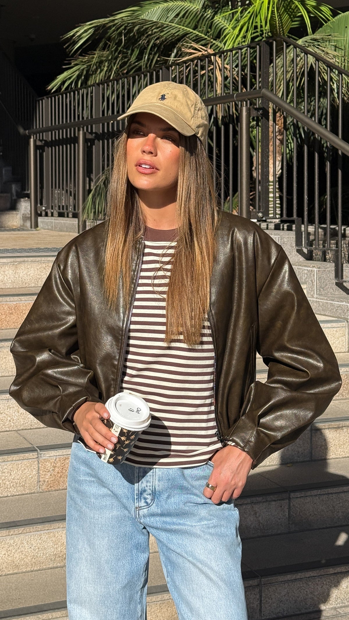 Jackson Faux Leather Bomber Jacket with Silver Zip – Vintage Brown
