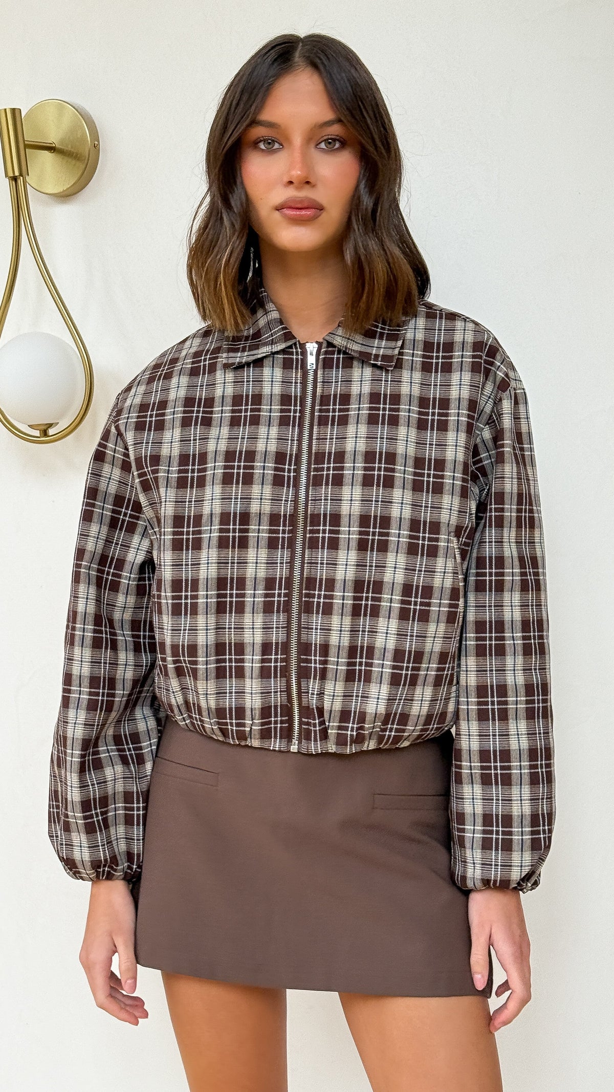 Brax Collared Bomber Jacket with Bubble Hem – Chocolate/Beige Plaid – view 4