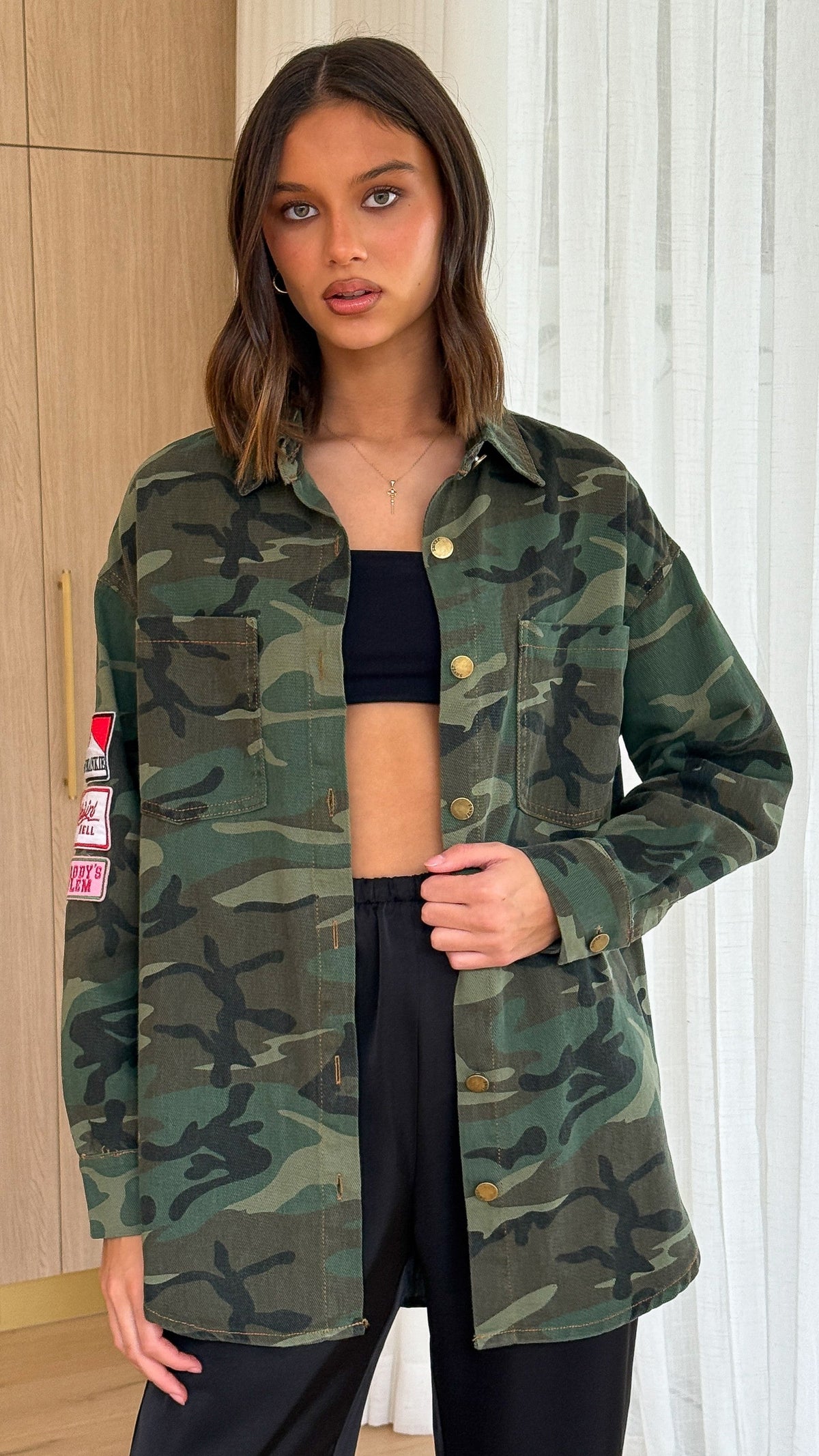 Kennedy Collared Cotton Button-Up Jacket with Sleeve Badge – Green Camo – view 3