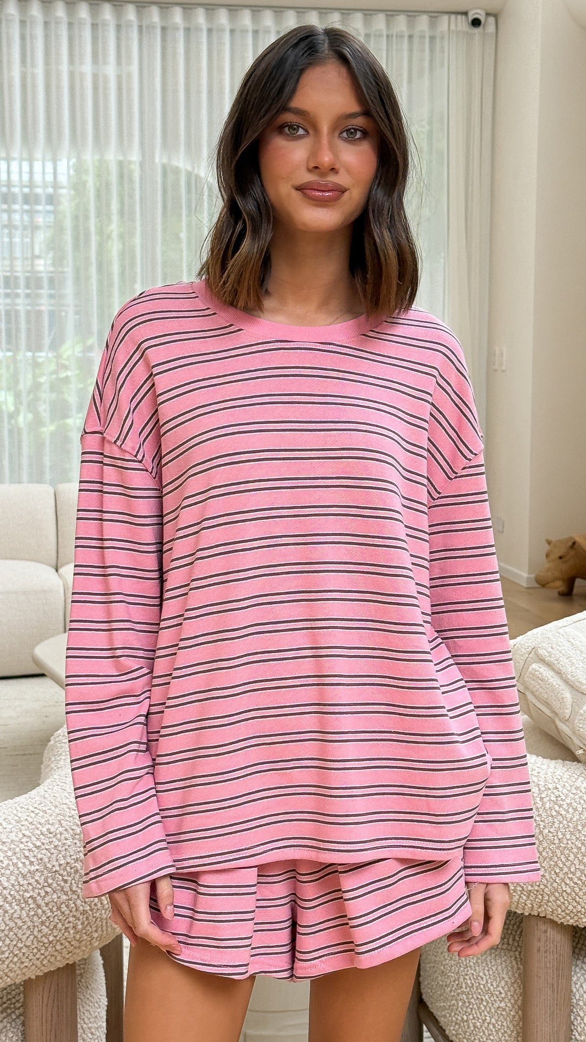 Everly Longline Crew Neck Top and Shorts Set – Pink/Choc Stripe – view 4