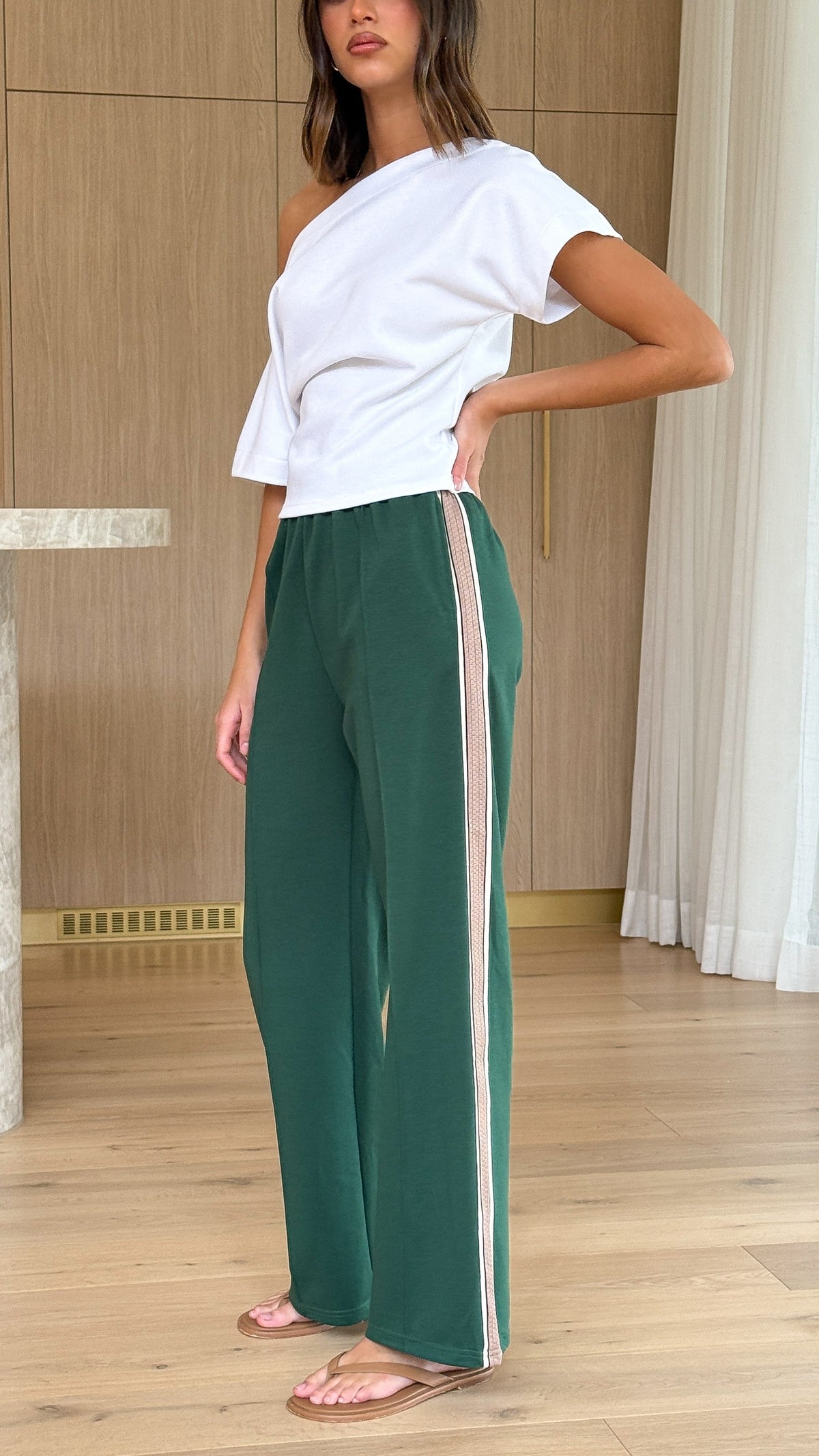 Isaiah Racer Stripe Pleated High Waisted Trackpants – Green/Beige