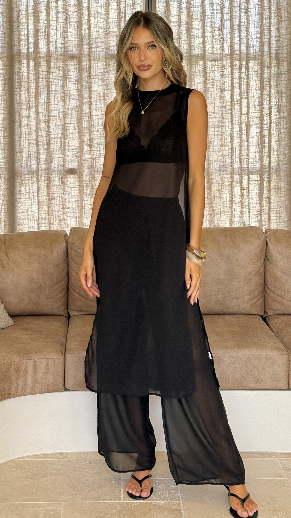 Zaire Sheer Longline Sleeveless Top and Trousers Set with Bralette – Black