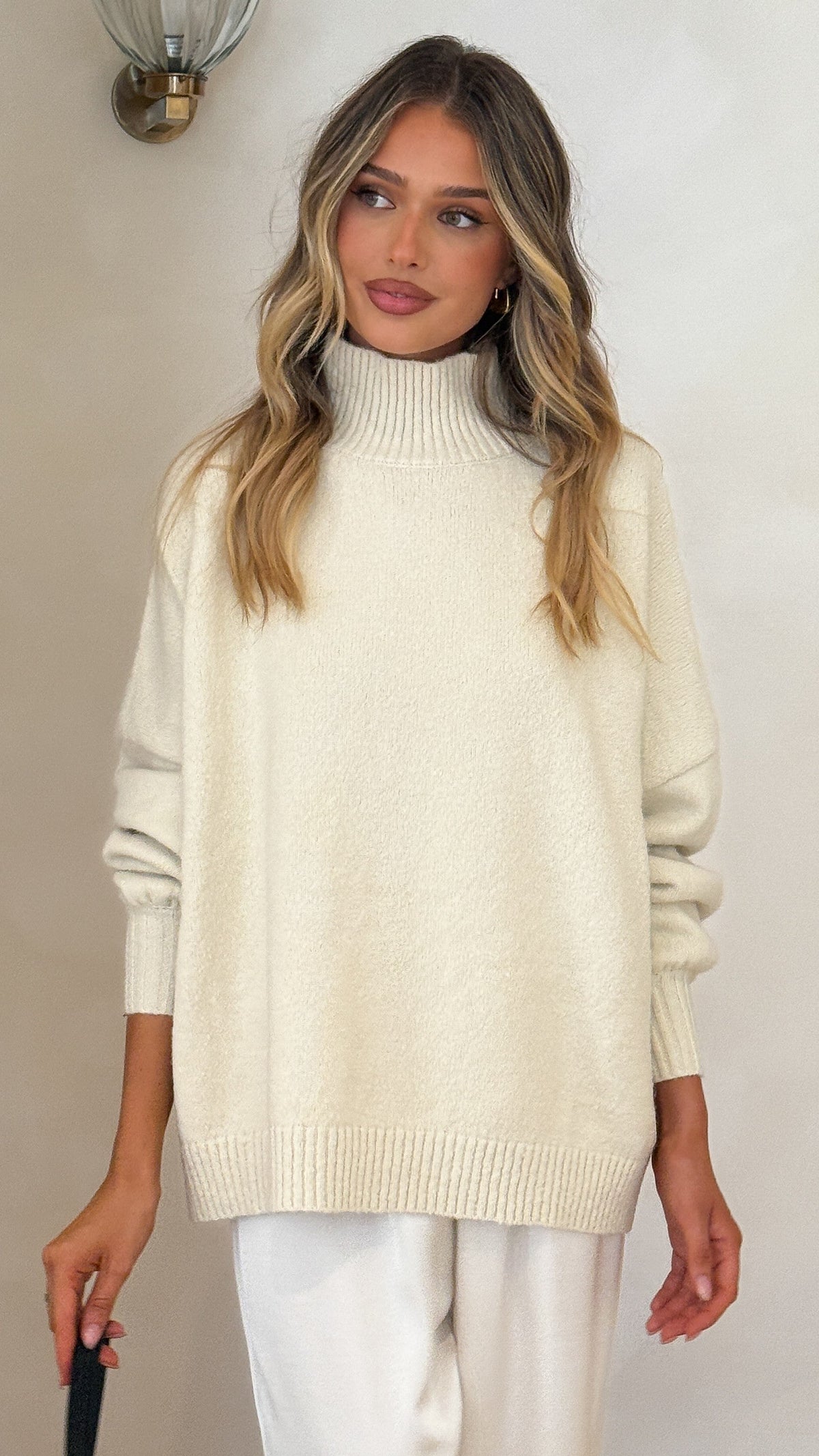 Harita Turtleneck Bell Sleeve Boxy Knit Jumper – Cream – view 5