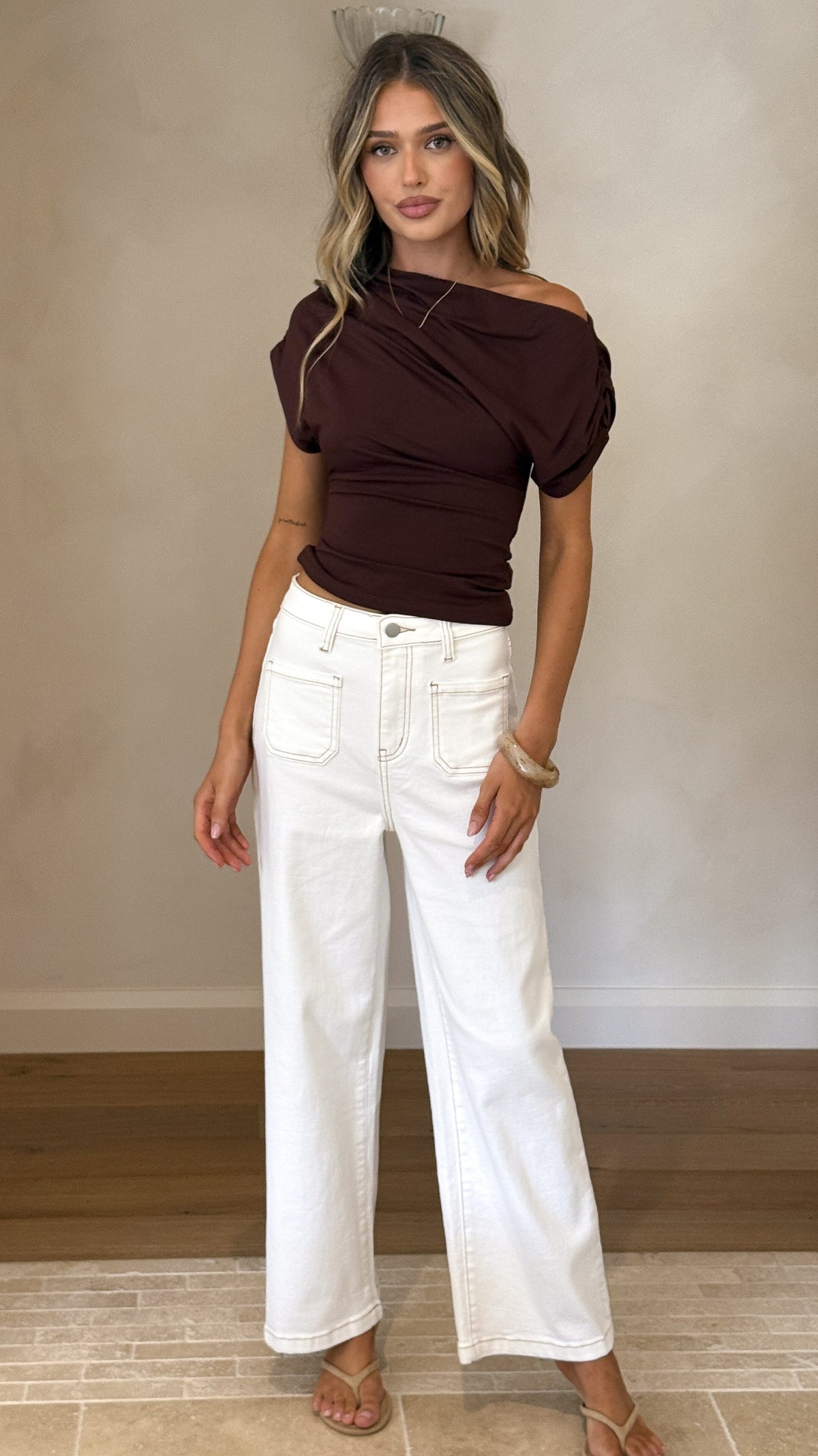 Macadrian High Waisted Wide Leg Stretch Jeans – White Denim – view 8