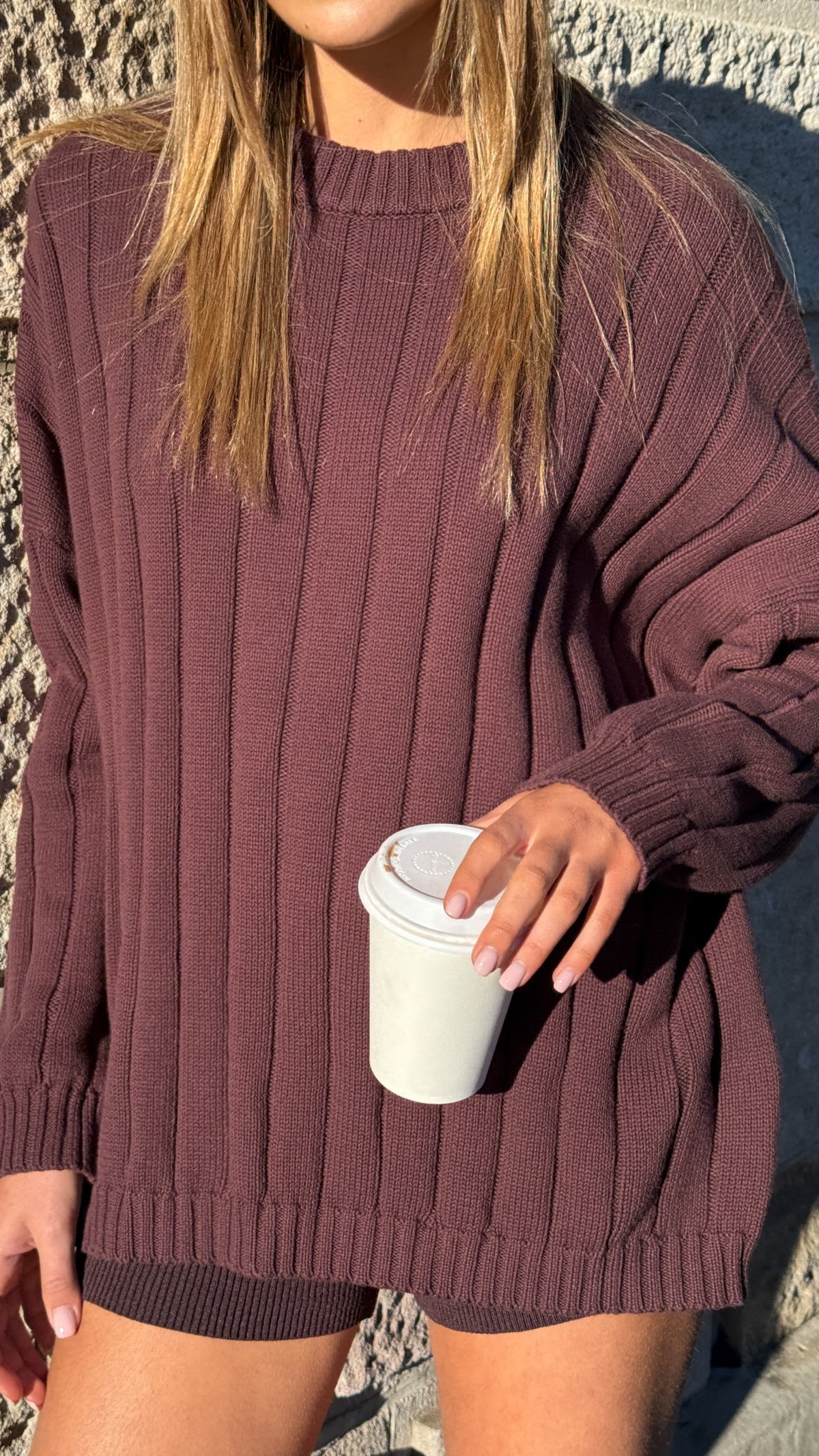 Naiva Oversized Wide Rib Crew Neck Cotton Jumper – Brown – view 4