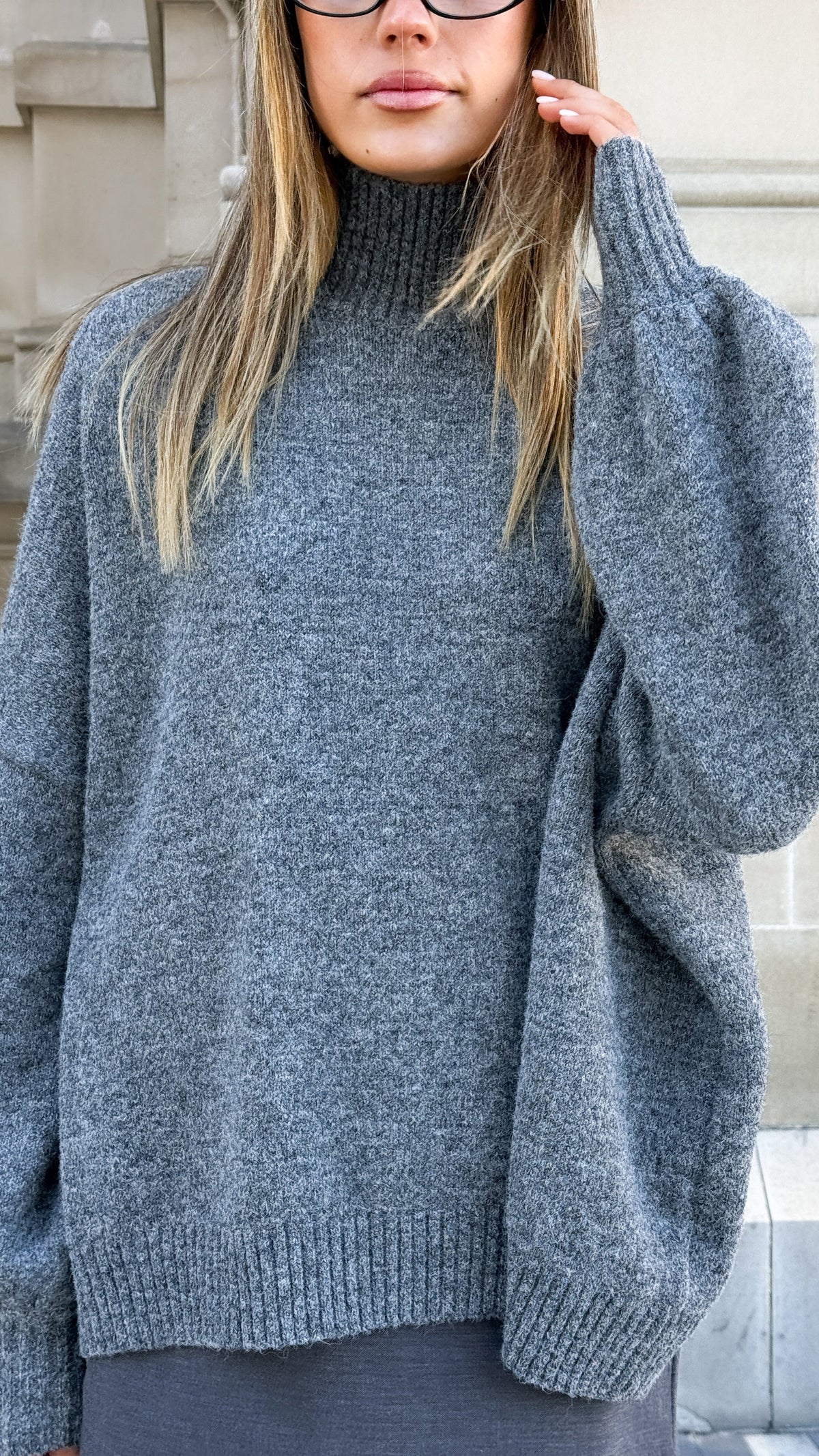 Harita High Neck Balloon Sleeve Oversized Knit Jumper – Grey