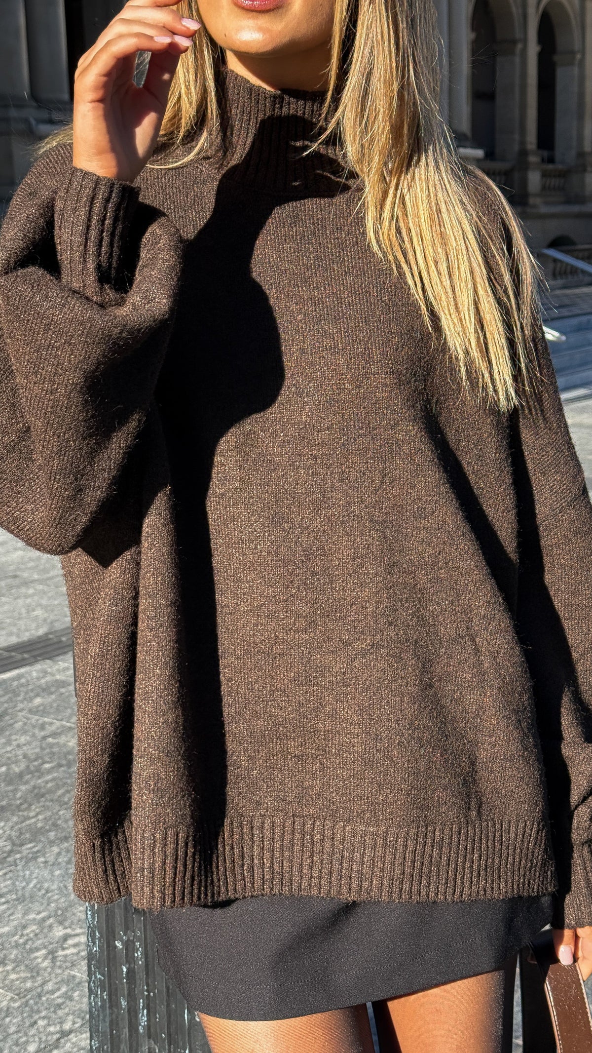 Harita High Neck Balloon Sleeve Oversized Knit Jumper – Chocolate – view 4