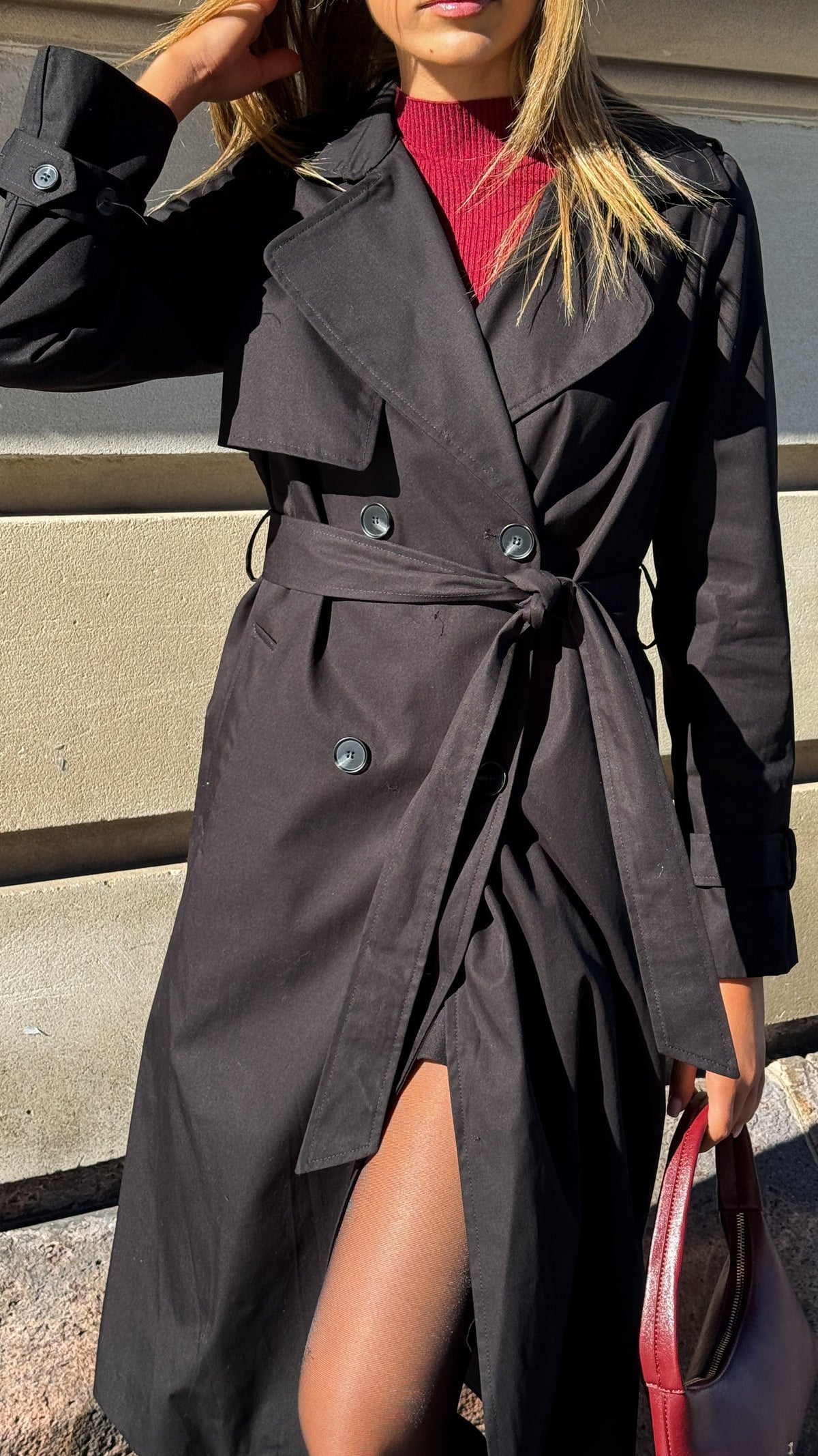 Byron Oversized Longline Cotton Trench Coat with Waist Tie – Black – view 4