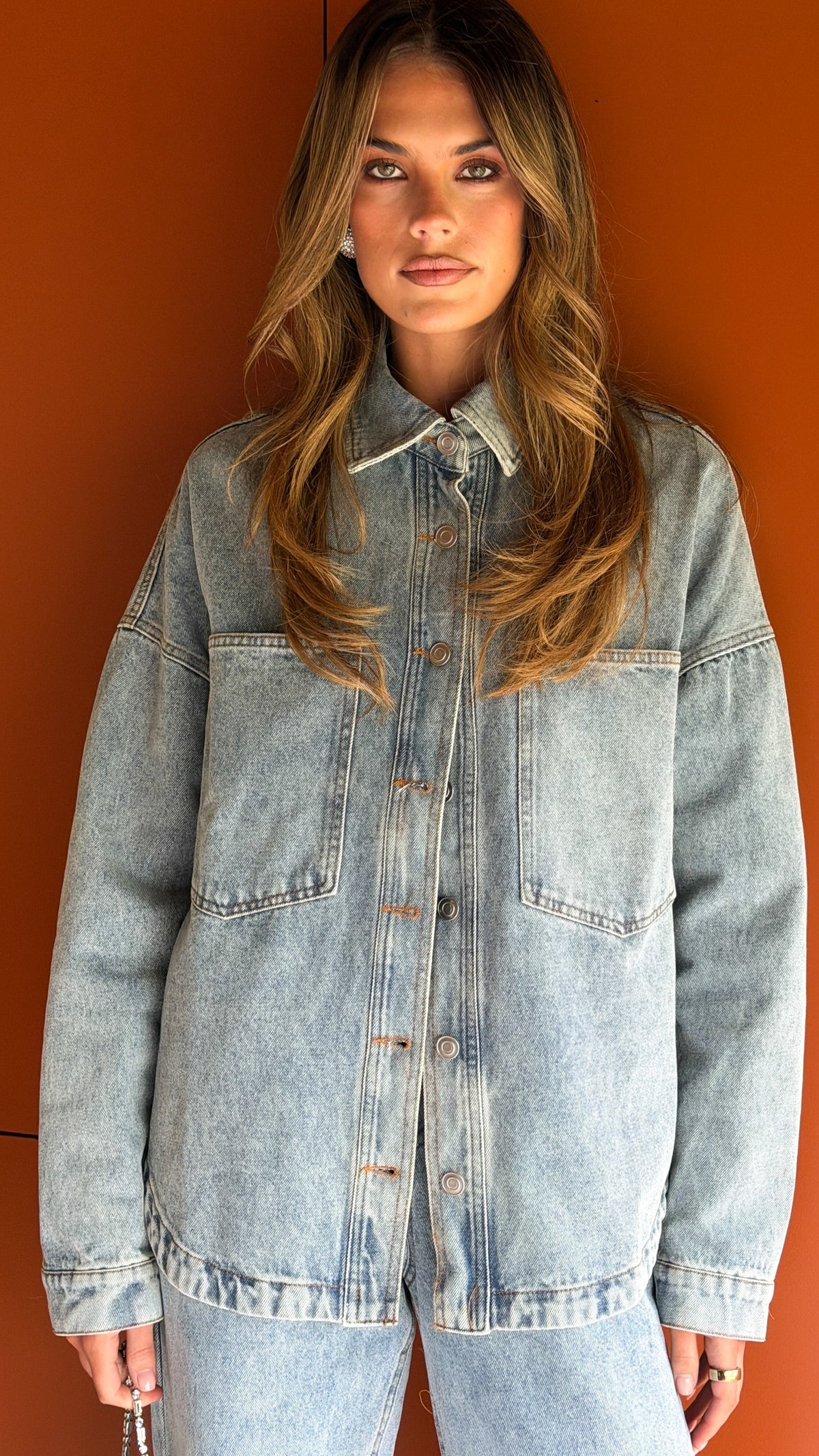 Zina Press Stud Collared Denim Jacket – Mid Blue – view 8