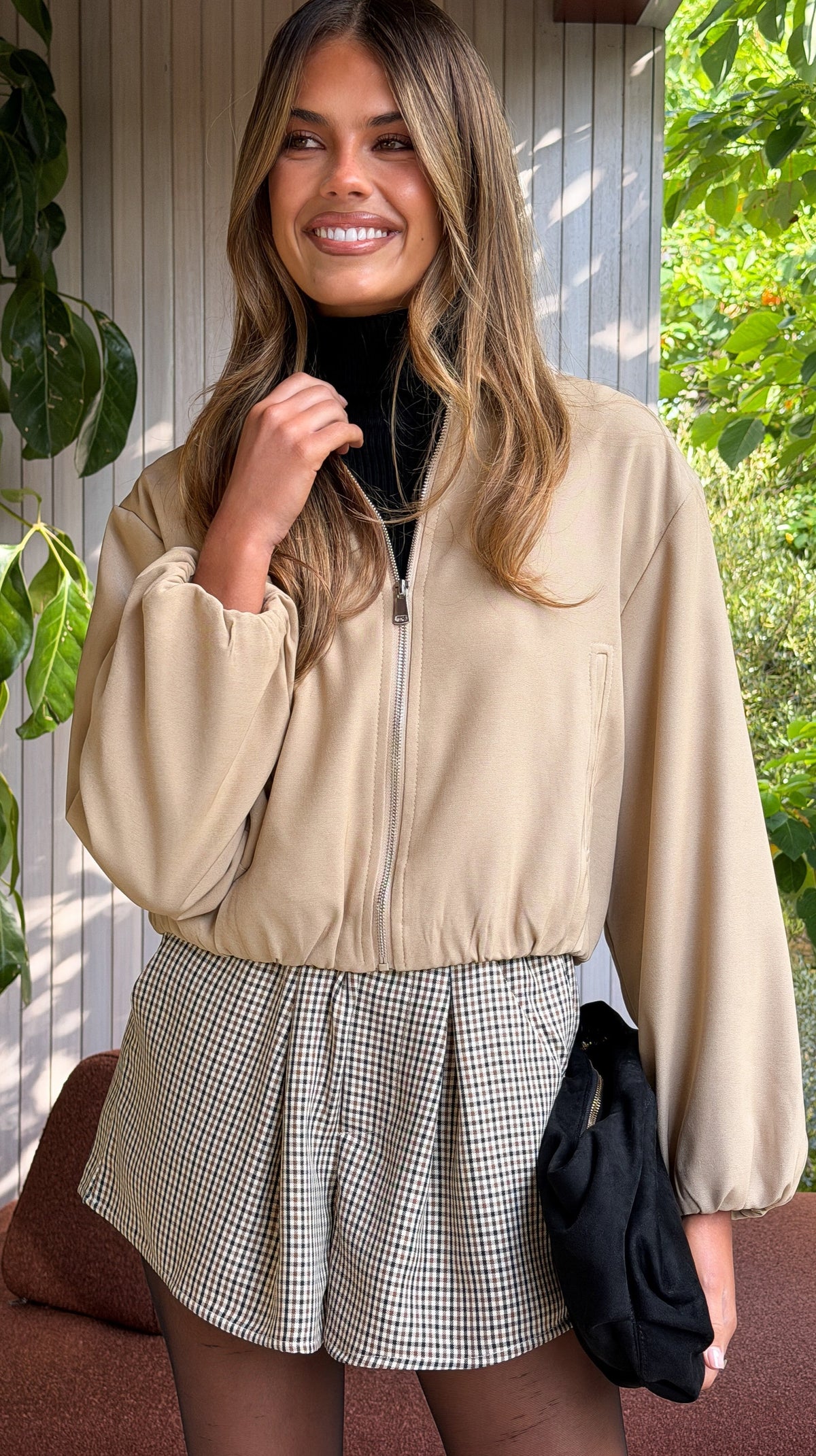 Brax Collared Bomber Jacket with Bubble Hem – Beige – view 5