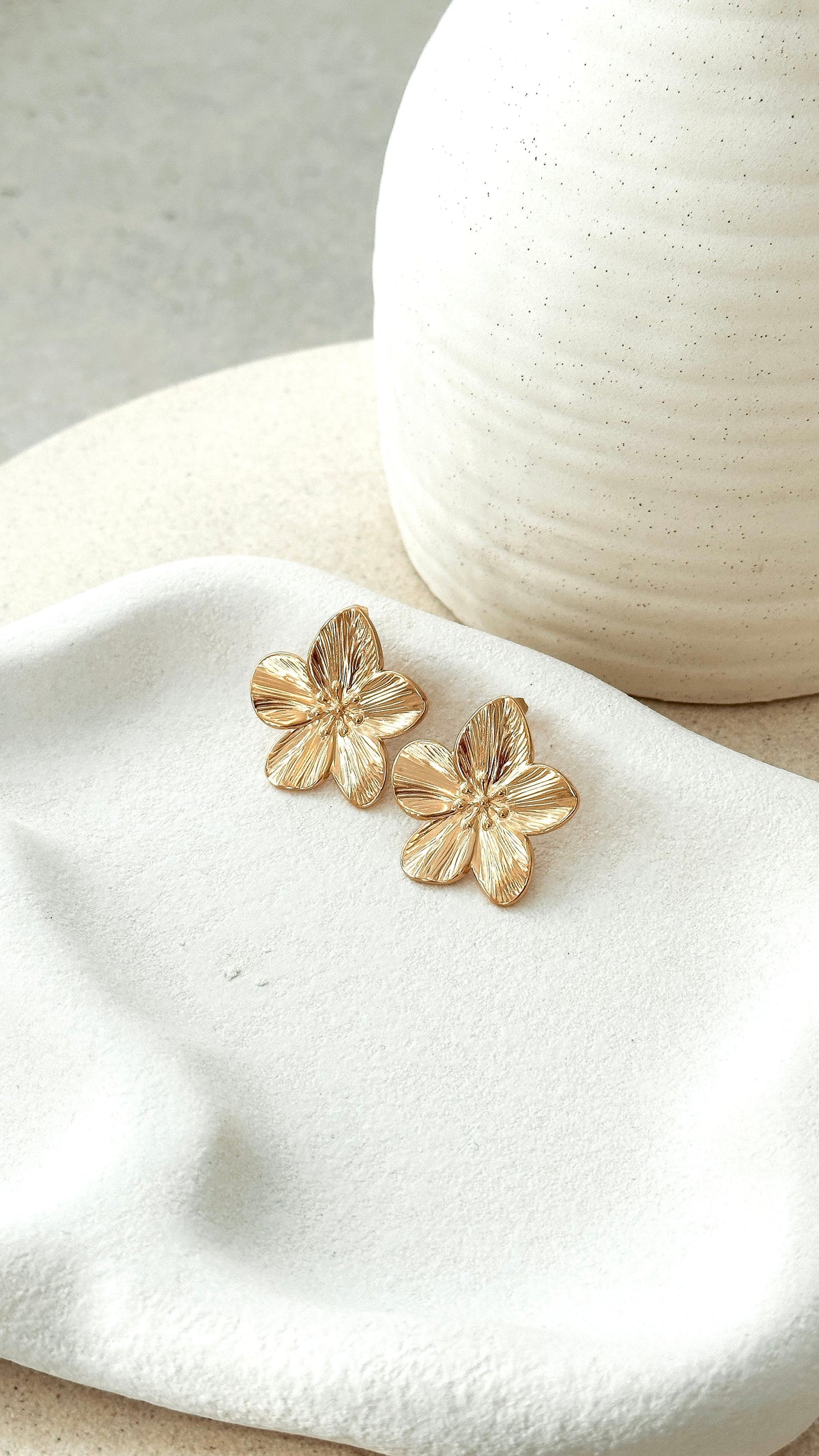 Breeze Statement Textured Flower Stud Earrings – Gold Plated – view 1