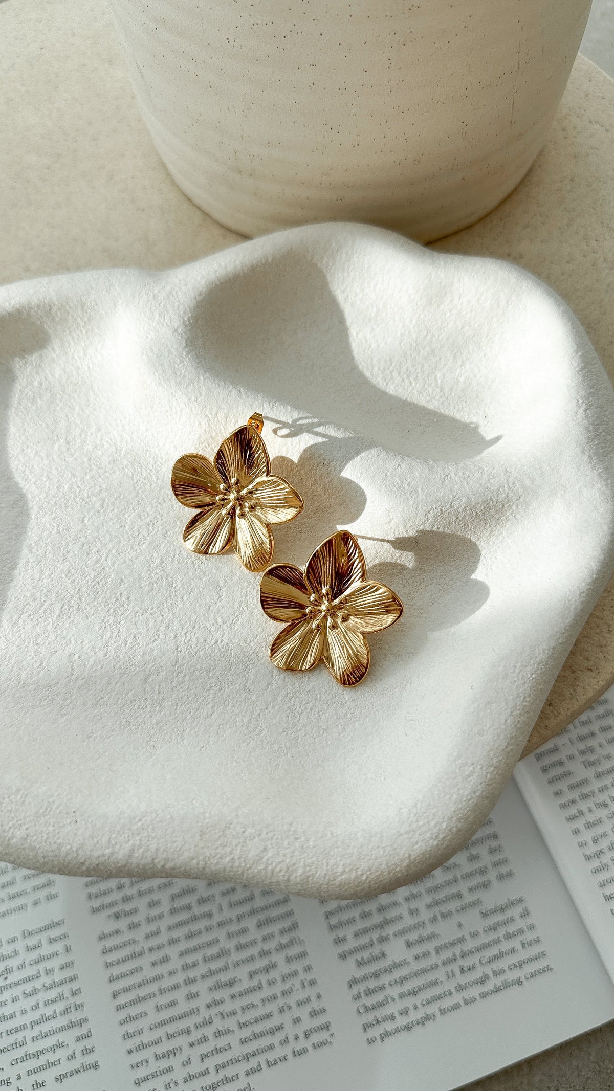 Breeze Statement Textured Flower Stud Earrings – Gold Plated – view 3