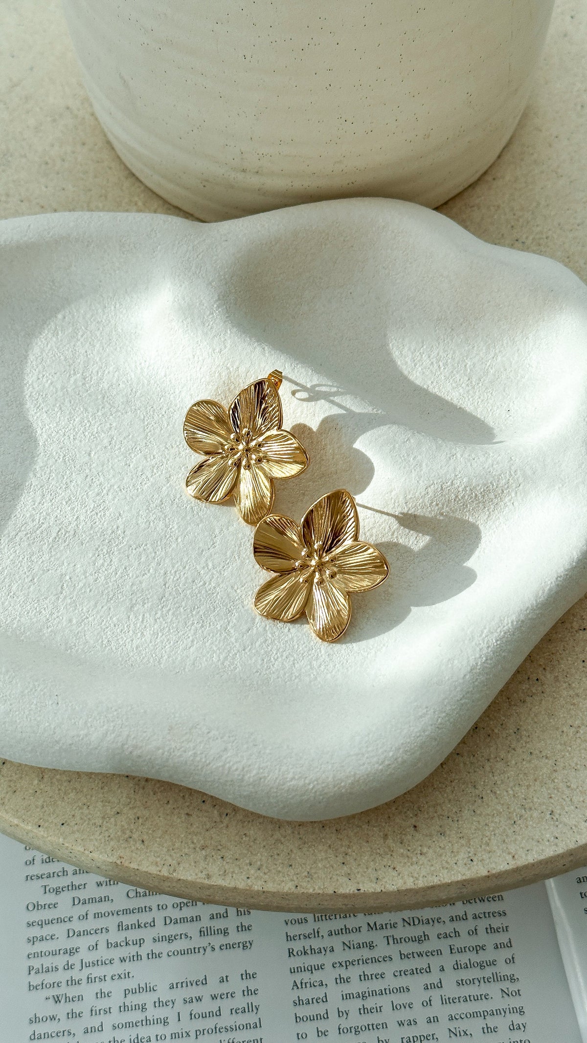 Breeze Statement Textured Flower Stud Earrings – Gold Plated – view 4
