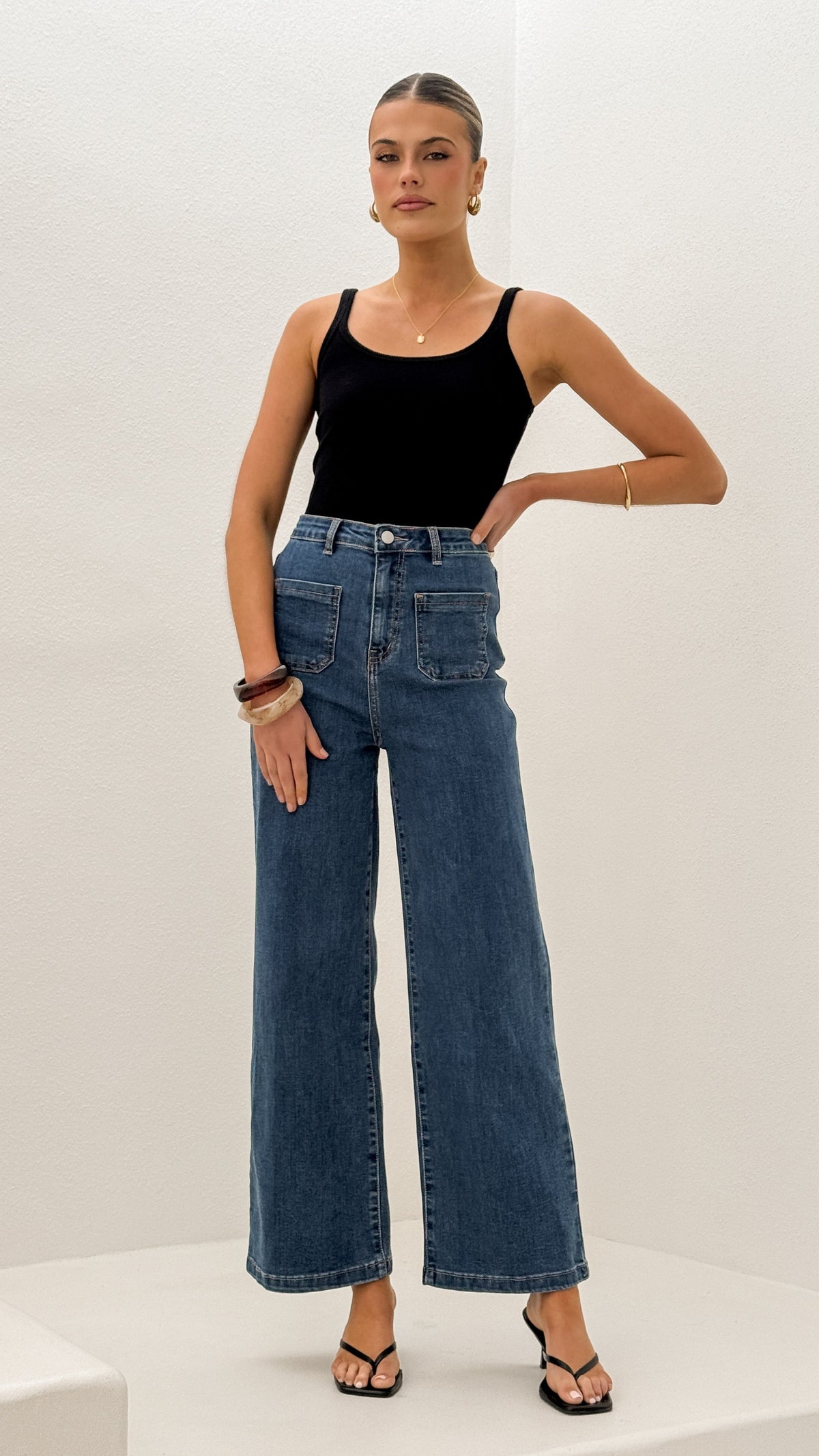 Macadrian High Waisted Stretch Cotton Jeans – Mid Blue Denim – view 5