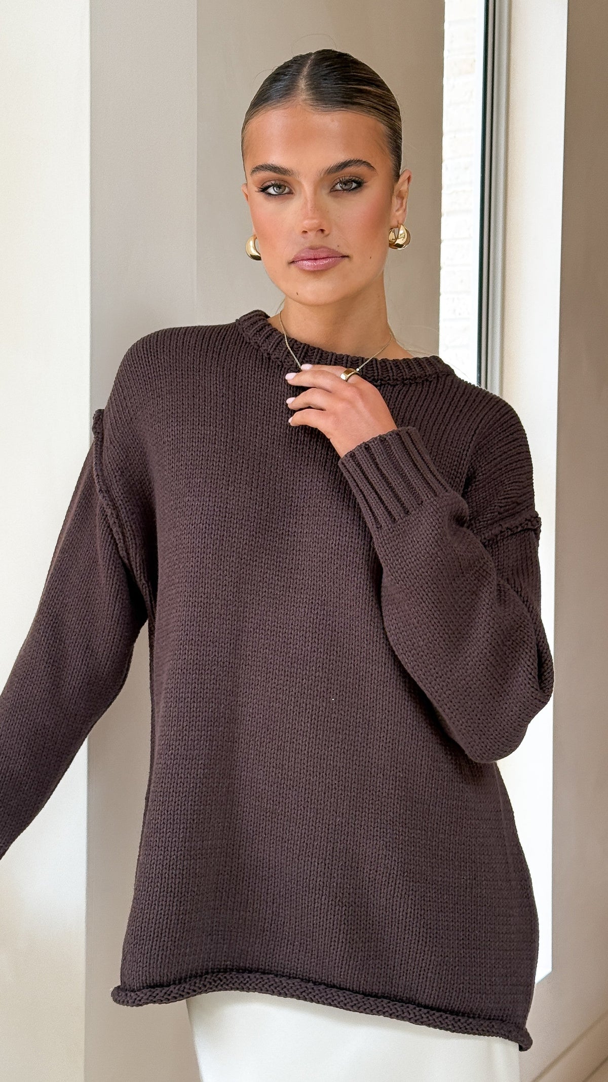 Delvine Oversized Thick Knit Lettuce Hem Jumper – Chocolate – view 5