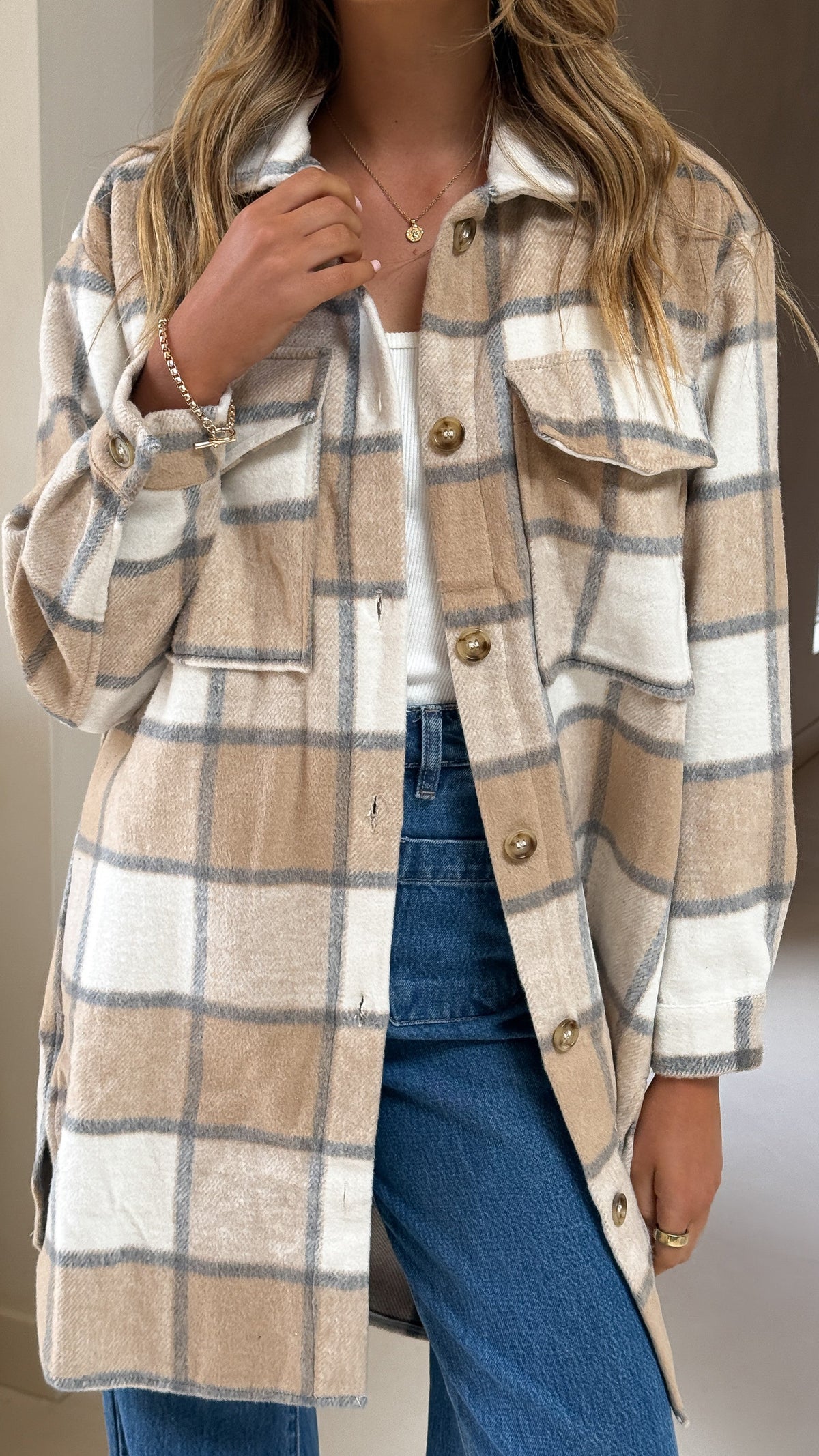Saskia Oversized Longline Collared Jacket – Beige/Cream Check – view 12