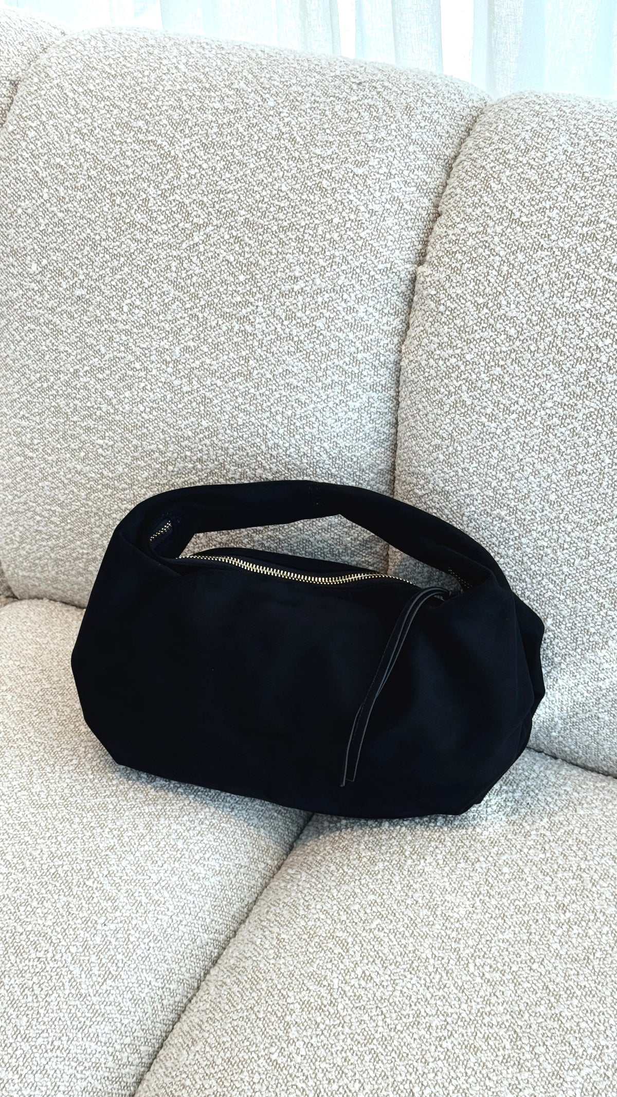 Renee Round Shoulder Bag with Gold Hardware – Black Suede – view 1