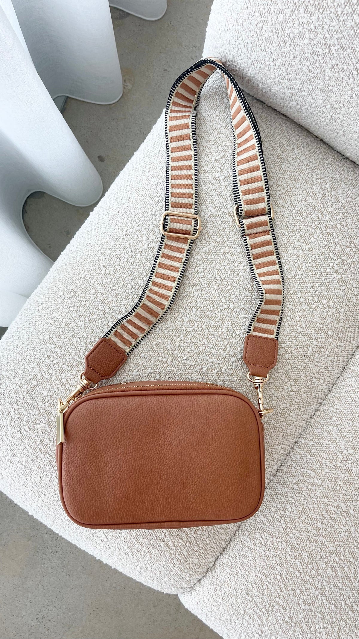 Bella Vegan Leather Camera Bag with Striped Webbing Strap – Tan – view 3