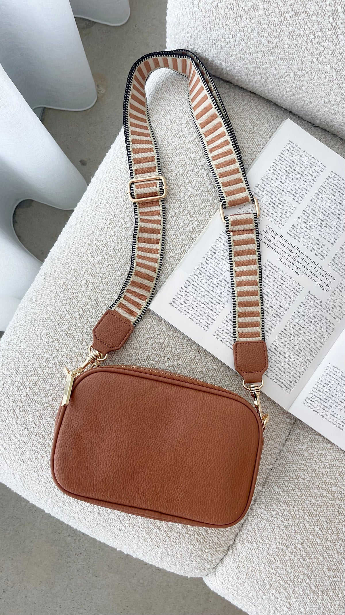 Bella Vegan Leather Camera Bag with Striped Webbing Strap – Tan